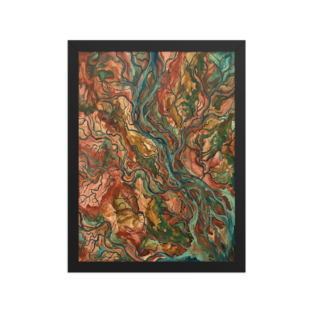 'Earth Veins' — a Abstract expressionism,Abstract art print. An abstract painting of branching teal rivers flowing through earthy red and brown terrain, perfect for a Living Room.