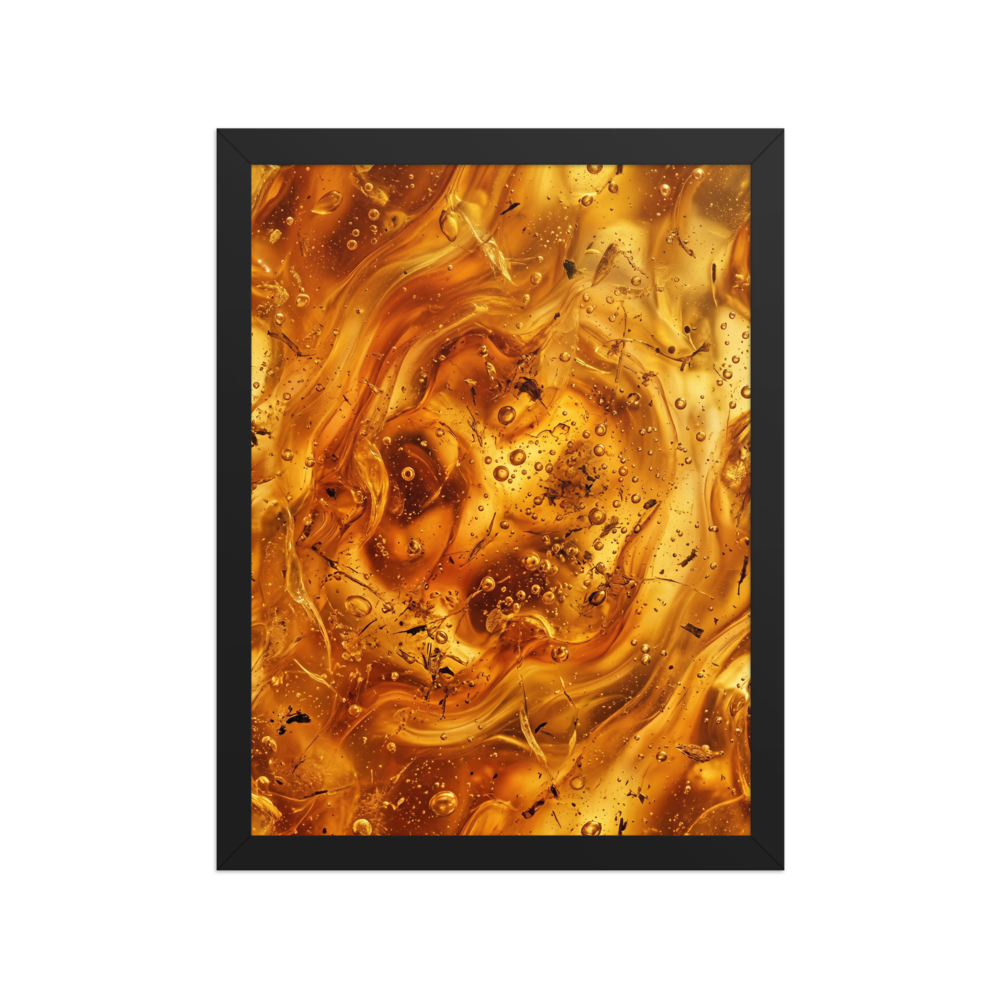 'Amber Depths' — a Abstract art print. A swirling, golden amber abstract piece resembling liquid honey with bubbles, ideal for a cozy Bedroom or Den.