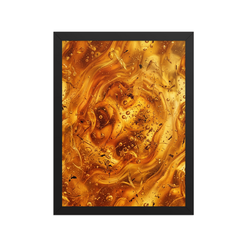 'Amber Depths' — a Abstract art print. A swirling, golden amber abstract piece resembling liquid honey with bubbles, ideal for a cozy Bedroom or Den.