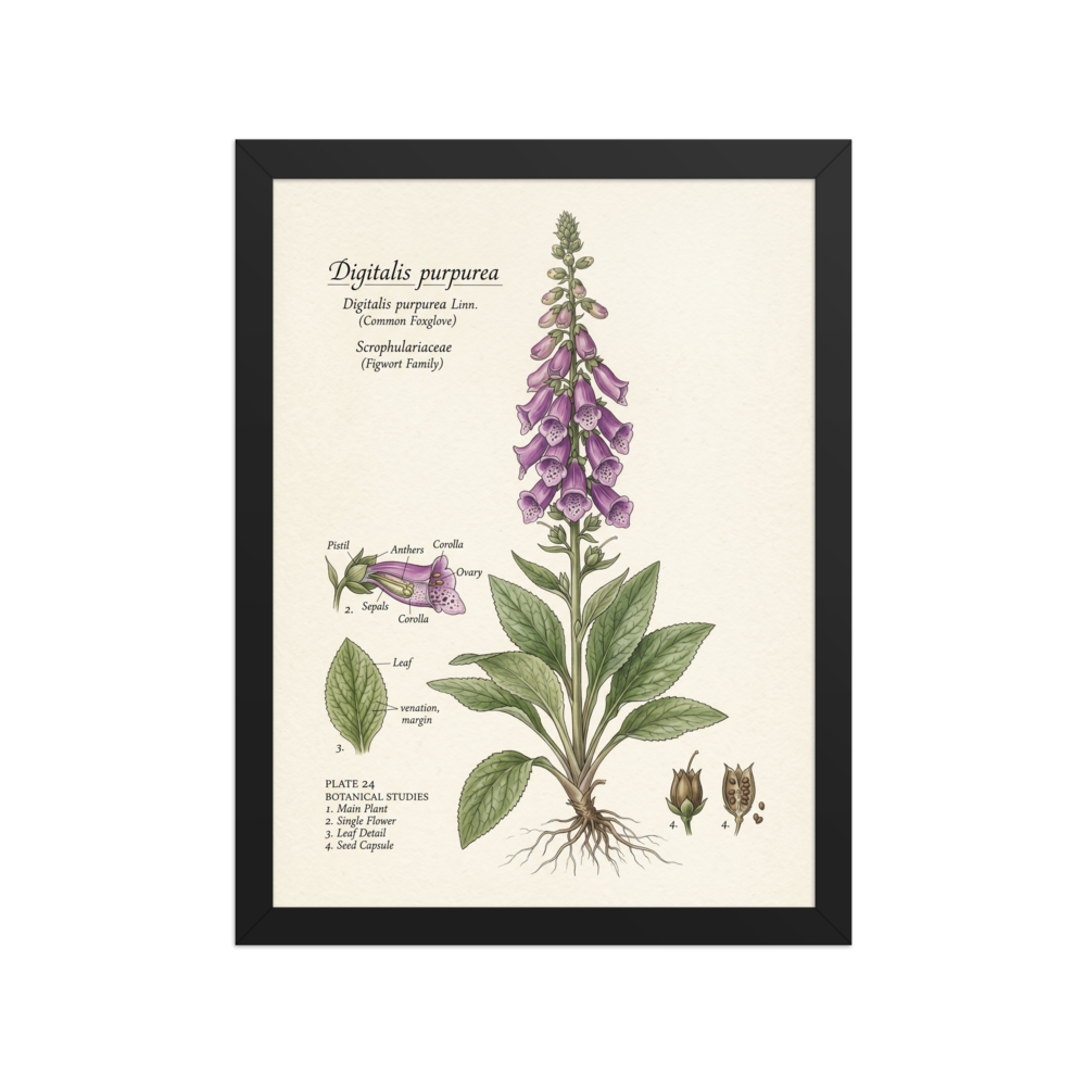 'Common Foxglove Botanical Plate' — a Academic art,Realism print. Detailed botanical illustration of a foxglove plant, showing the full flower spike, leaf details, and seed capsules.