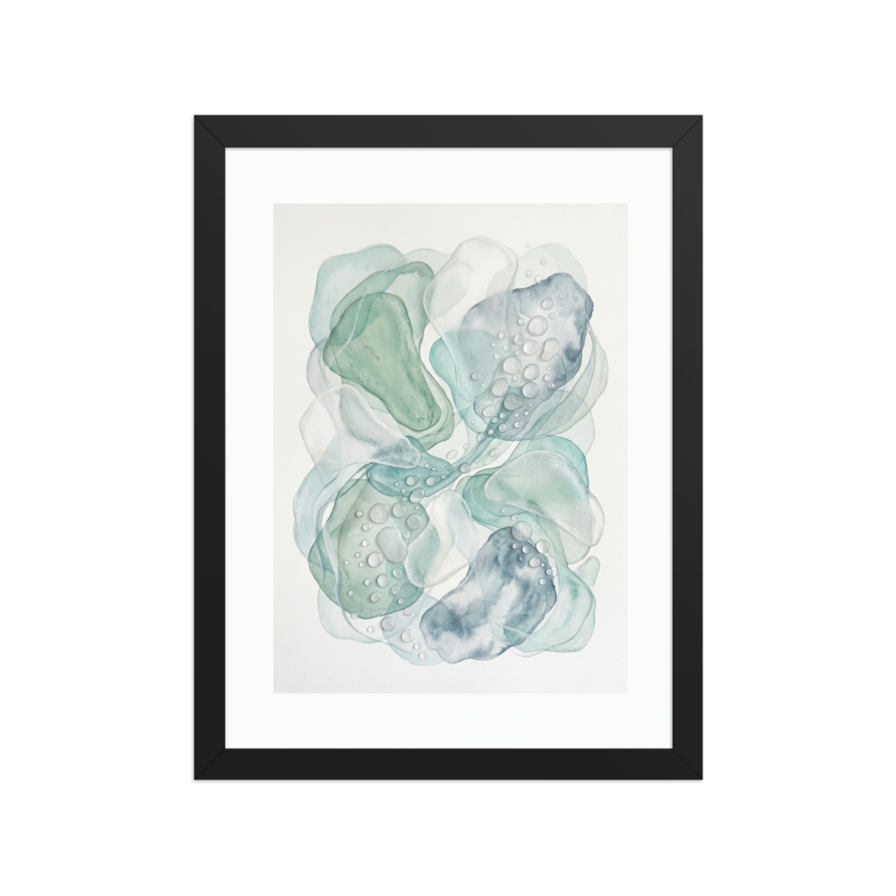 'Morning Dew' — a Minimalism,Abstract art print. A delicate watercolor painting of overlapping pale green and blue shapes with water droplets, bringing fresh energy to a Sunroom / Conservatory.