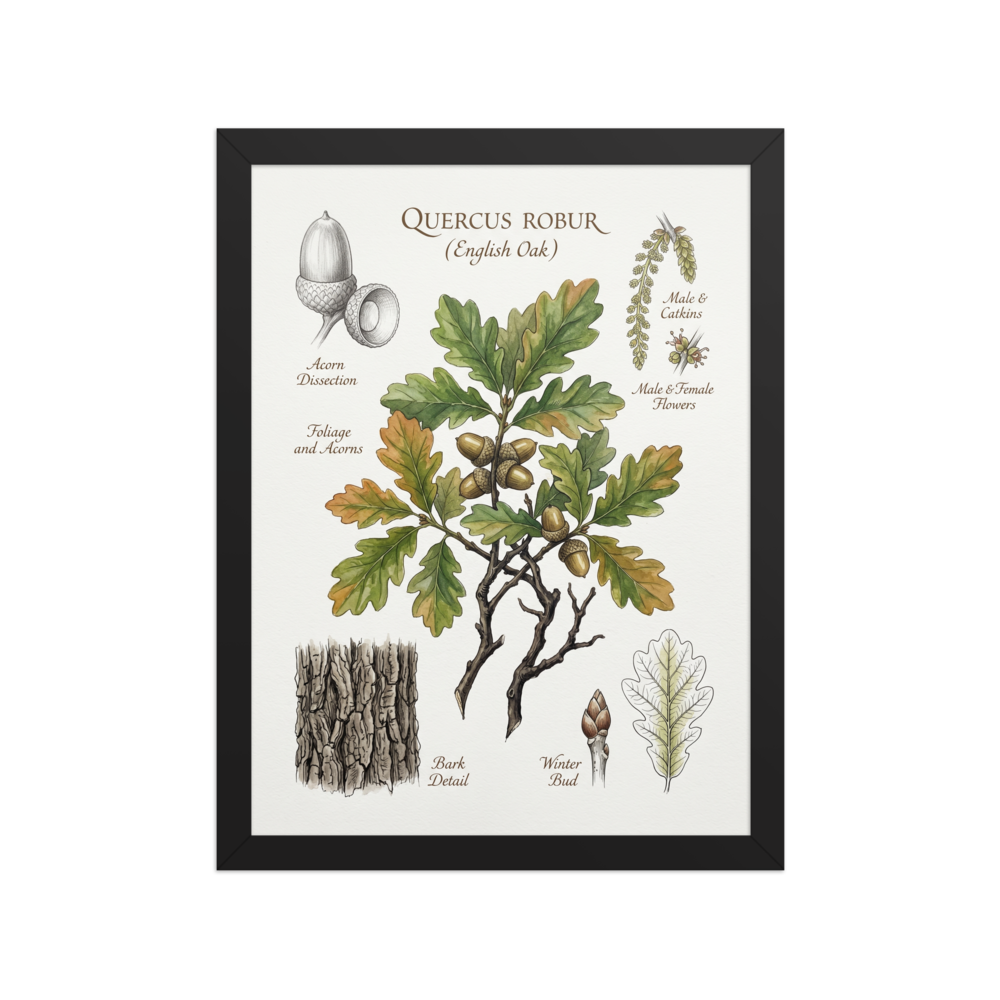 'English Oak Botanical Study' — a Academic art,Realism print. Detailed botanical illustration of an English Oak branch with acorns, bark details, and flowers.