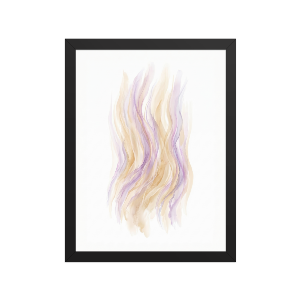 'Pastel Whispers' — a Abstract art,Lyrical abstraction print. An abstract watercolor painting featuring soft, flowing vertical ribbons of peach and lavender, perfect for a Bedroom.
