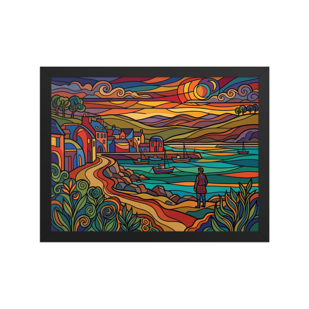 'Harbor at Dusk in Stained Glass' — a Cloisonnism print. A vibrant Cloisonnism style painting of a coastal harbor village with a figure looking at boats, perfect for a lively living room.