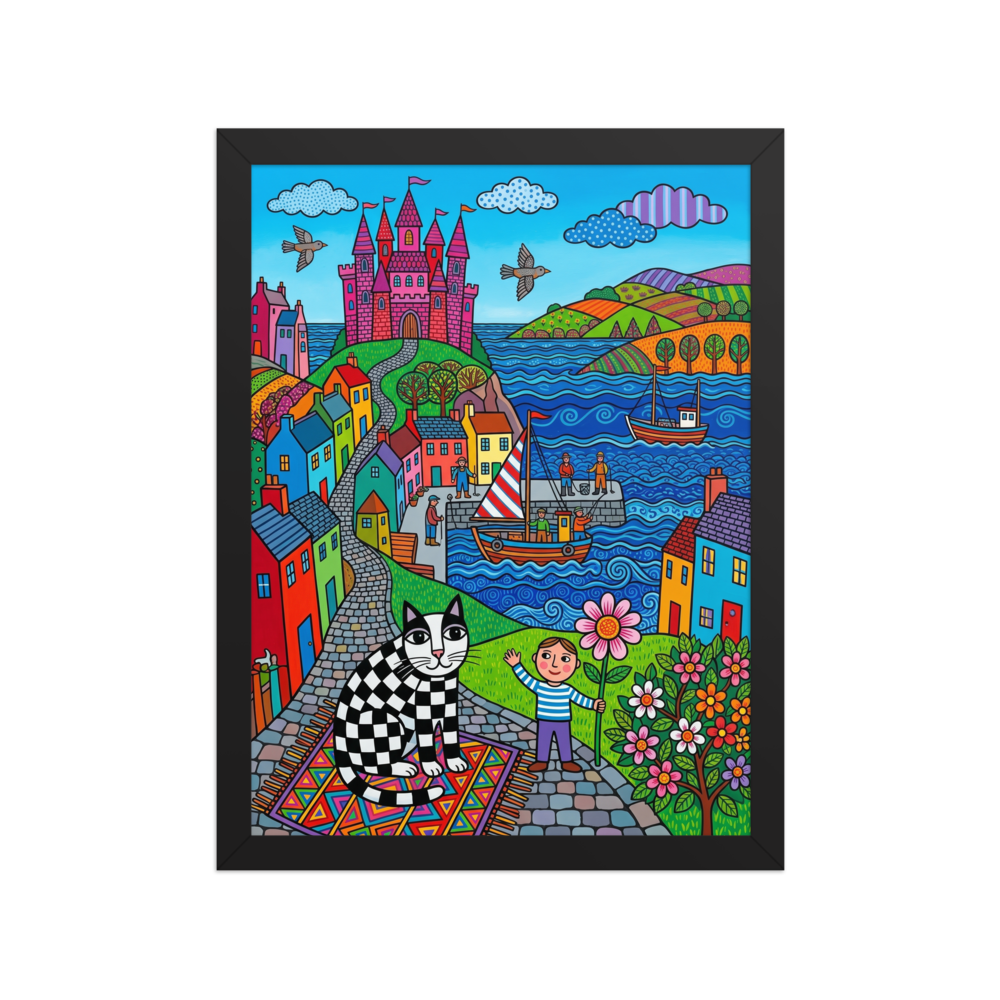 'Checkered Cat's Castle Dream' — a Naive art print. A colorful naive art scene featuring a black and white checkered cat sitting on a patterned rug in a playroom, with a seaside village and pink castle in the background.