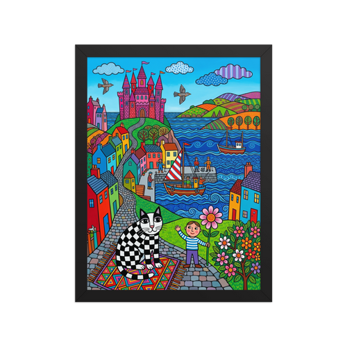 'Checkered Cat's Castle Dream' — a Naive art print. A colorful naive art scene featuring a black and white checkered cat sitting on a patterned rug in a playroom, with a seaside village and pink castle in the background.