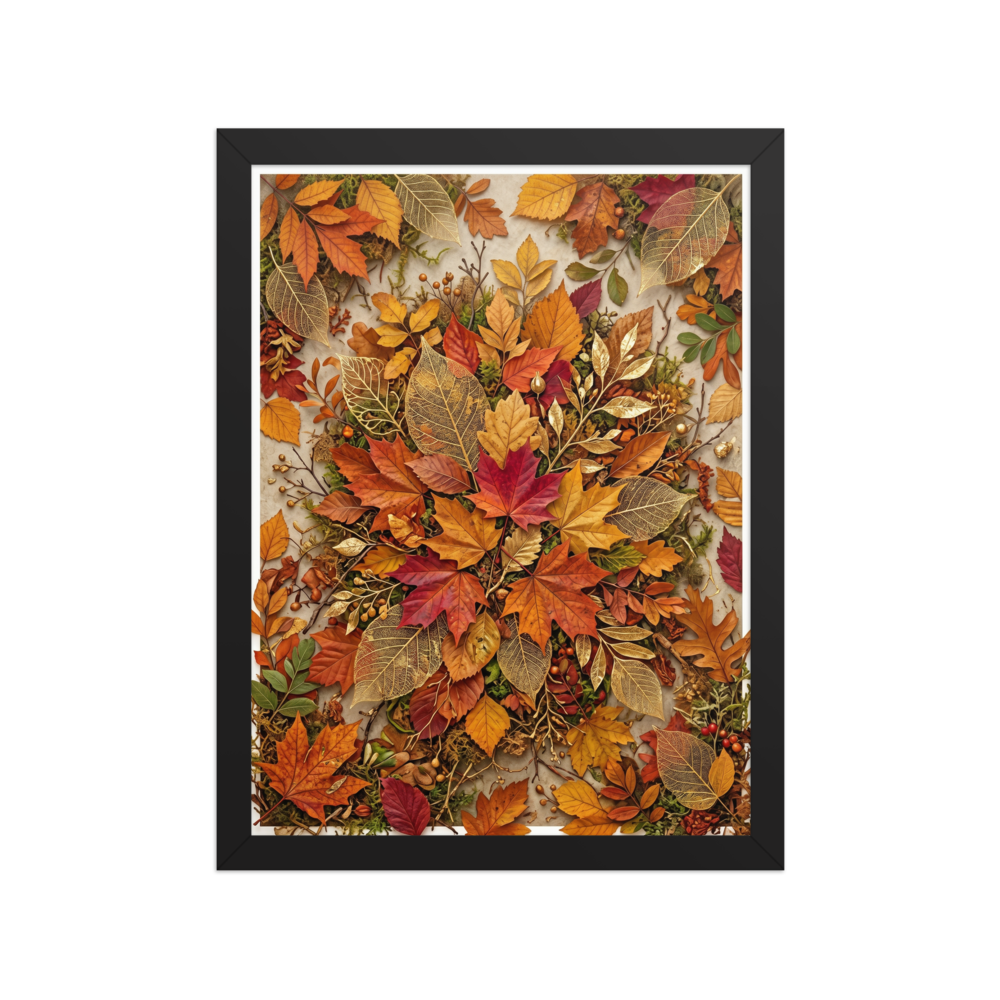 'Autumn Tapestry' — a Assemblage,Realism print. A highly detailed composition of colorful autumn leaves and golden skeletal foliage, ideal for a Dining Room.