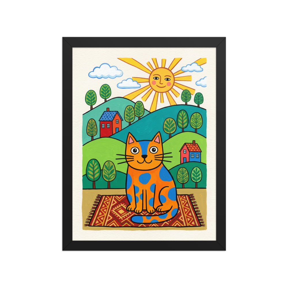 'The Sunlit Spotted Cat' — a Naive art print. A naive art painting of an orange and blue spotted cat sitting on a rug in a sunlit landscape, perfect for a cheerful nursery.