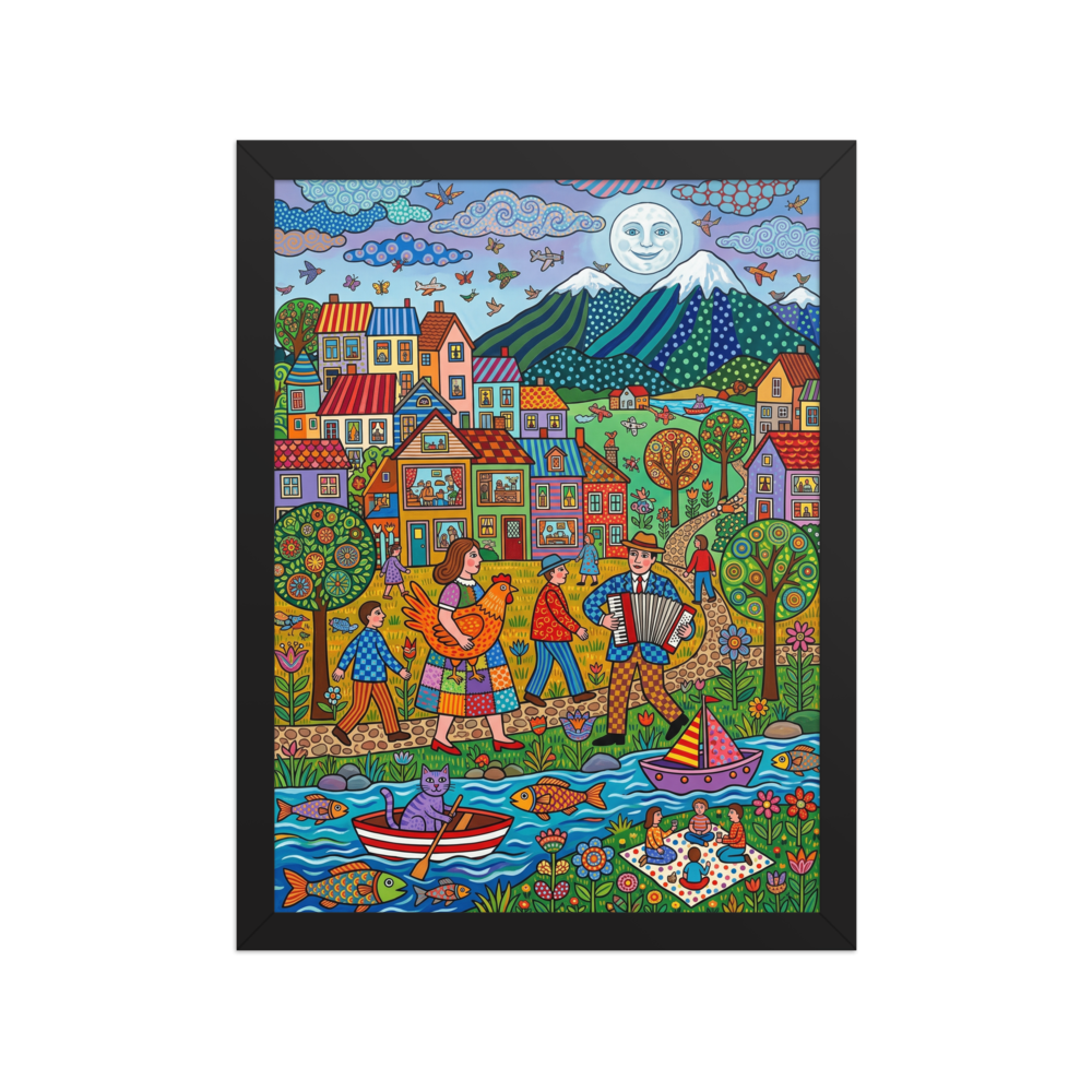 'Moonlit Melody By The River' — a Naive art print. A detailed naive art village scene full of people and animals under a smiling moon, an engaging addition to a vibrant living room.