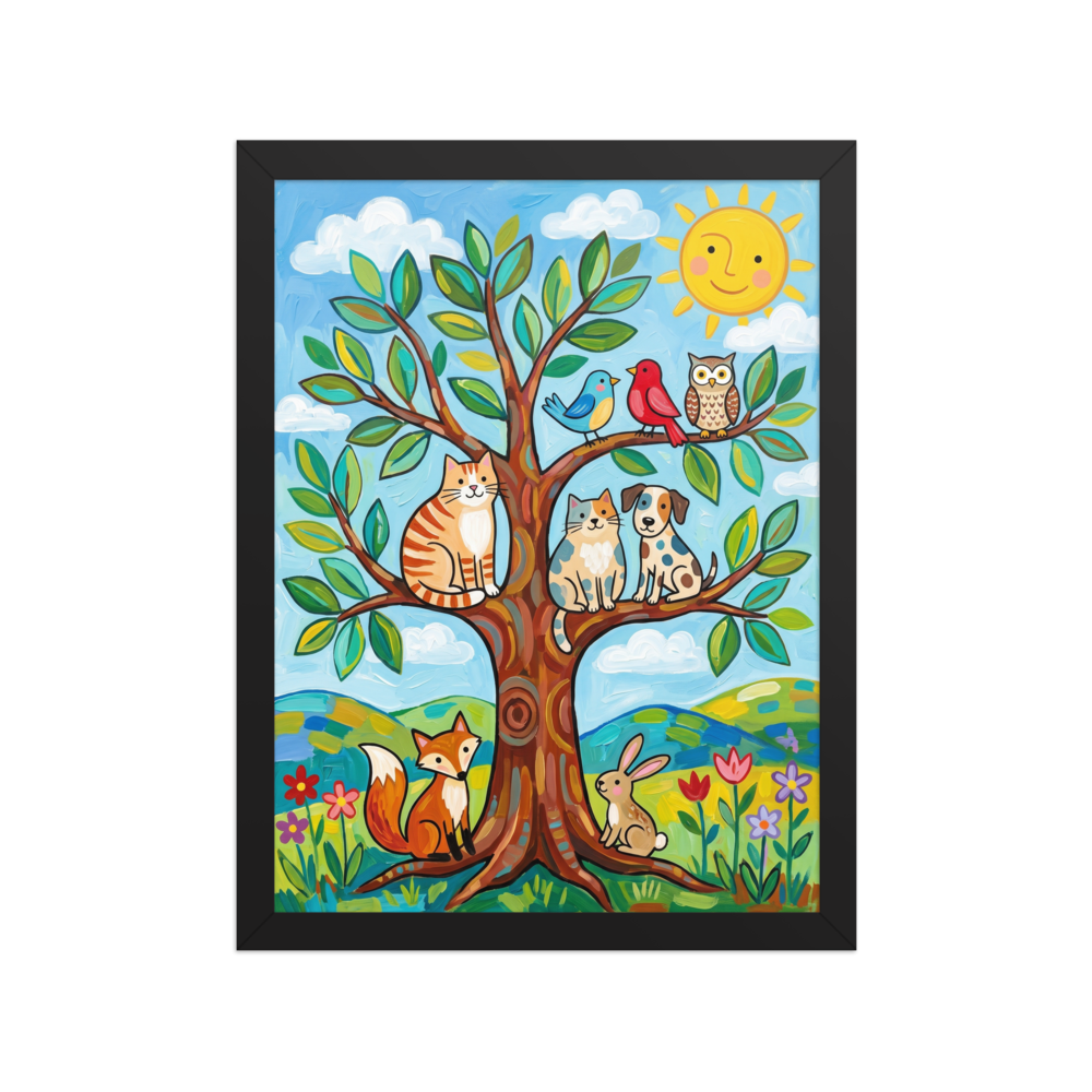'Friends In The Sunlit Tree' — a Naive art print. A colorful naive art painting of a tree filled with a cat, dog, birds, and an owl, with a fox and rabbit below, under a smiling sun.