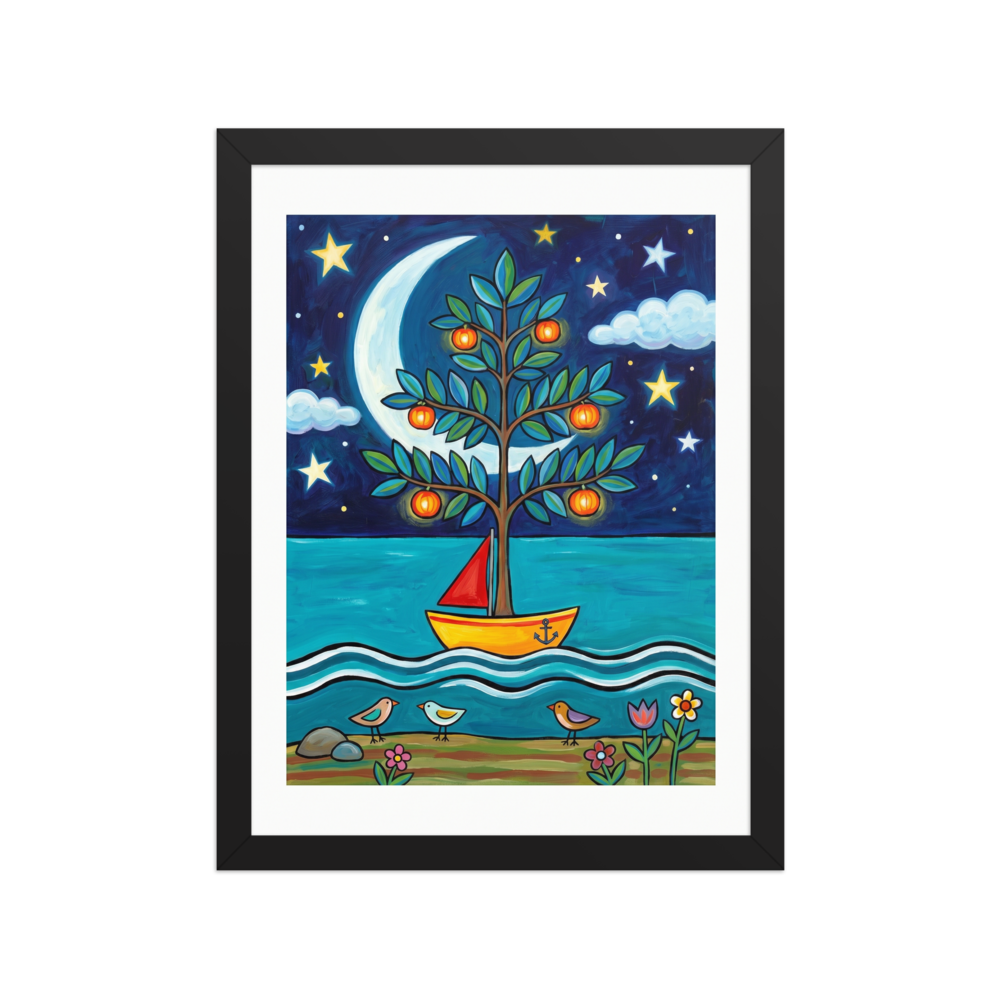'The Glowing Orchard Boat' — a Naive art print. A dreamy naive art painting featuring a tree with glowing orange fruits growing inside a yellow boat on the water, under a large crescent moon and starry sky.