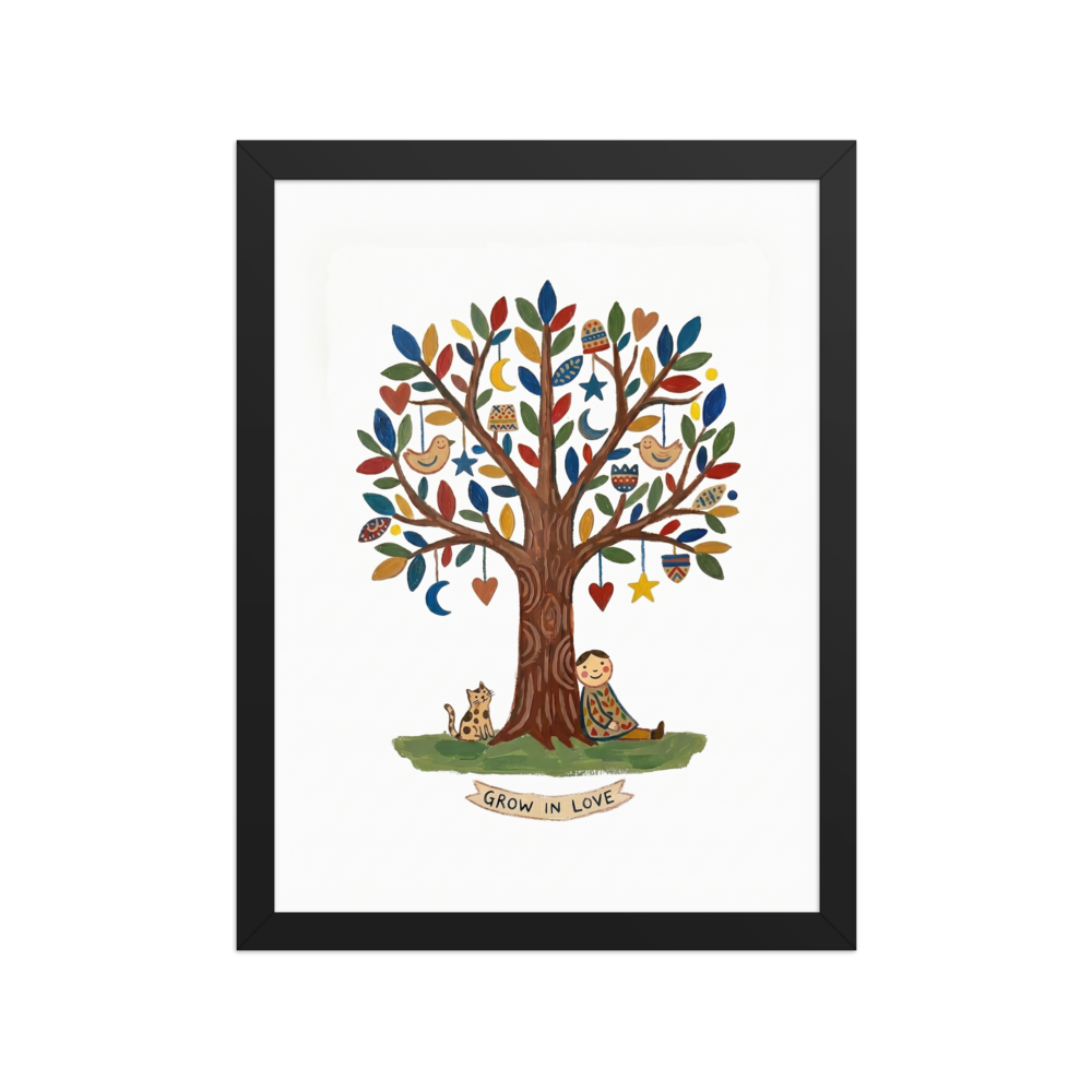 'The Tree Of Love' — a Naive art print. A heartwarming naive art piece showing a person and a spotted cat sitting under a tree decorated with hearts and moons, with a banner reading GROW IN LOVE.