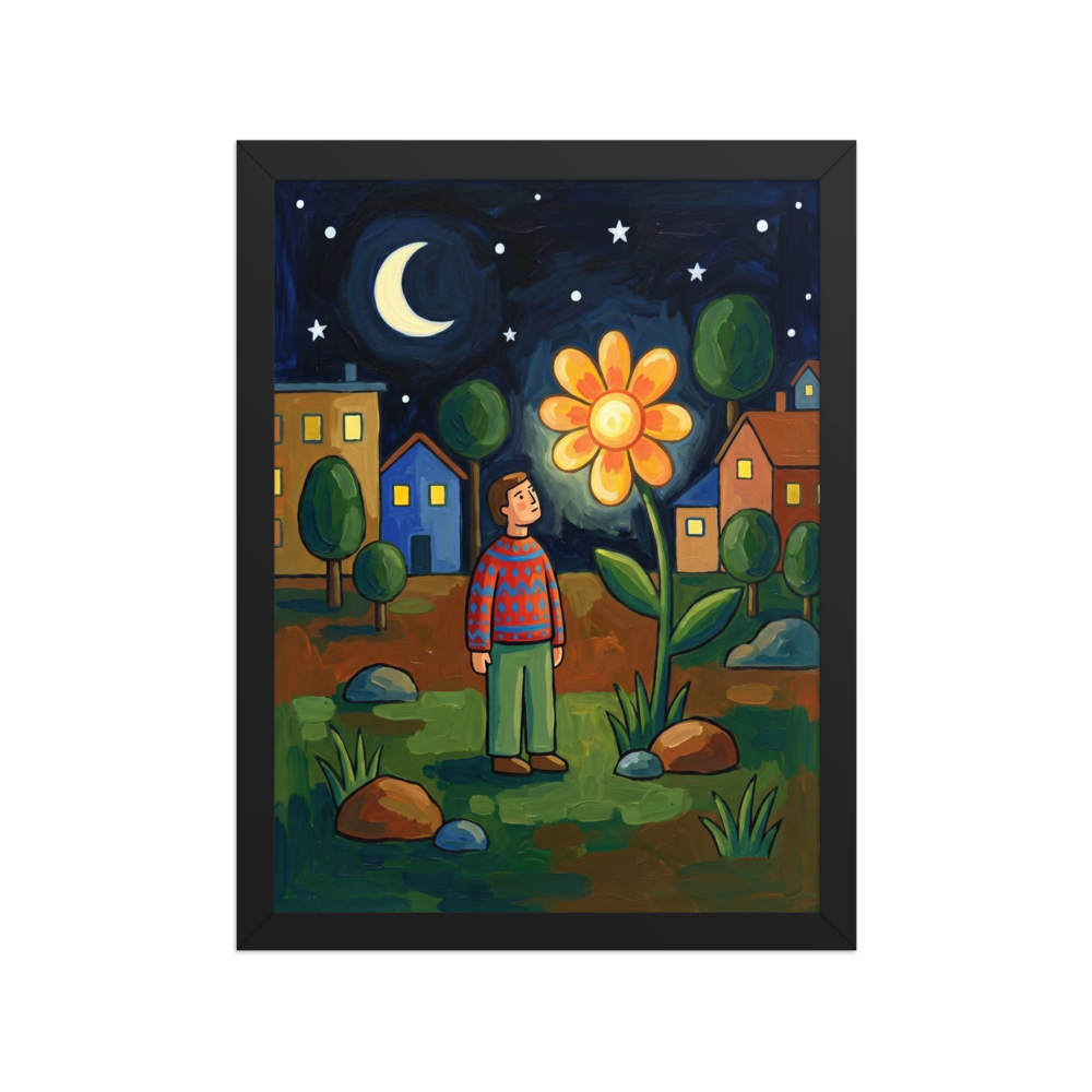 'The Glowing Night Bloom' — a Naive art print. A naive art painting of a person looking at a giant glowing orange flower at night, with a crescent moon and houses in the background.