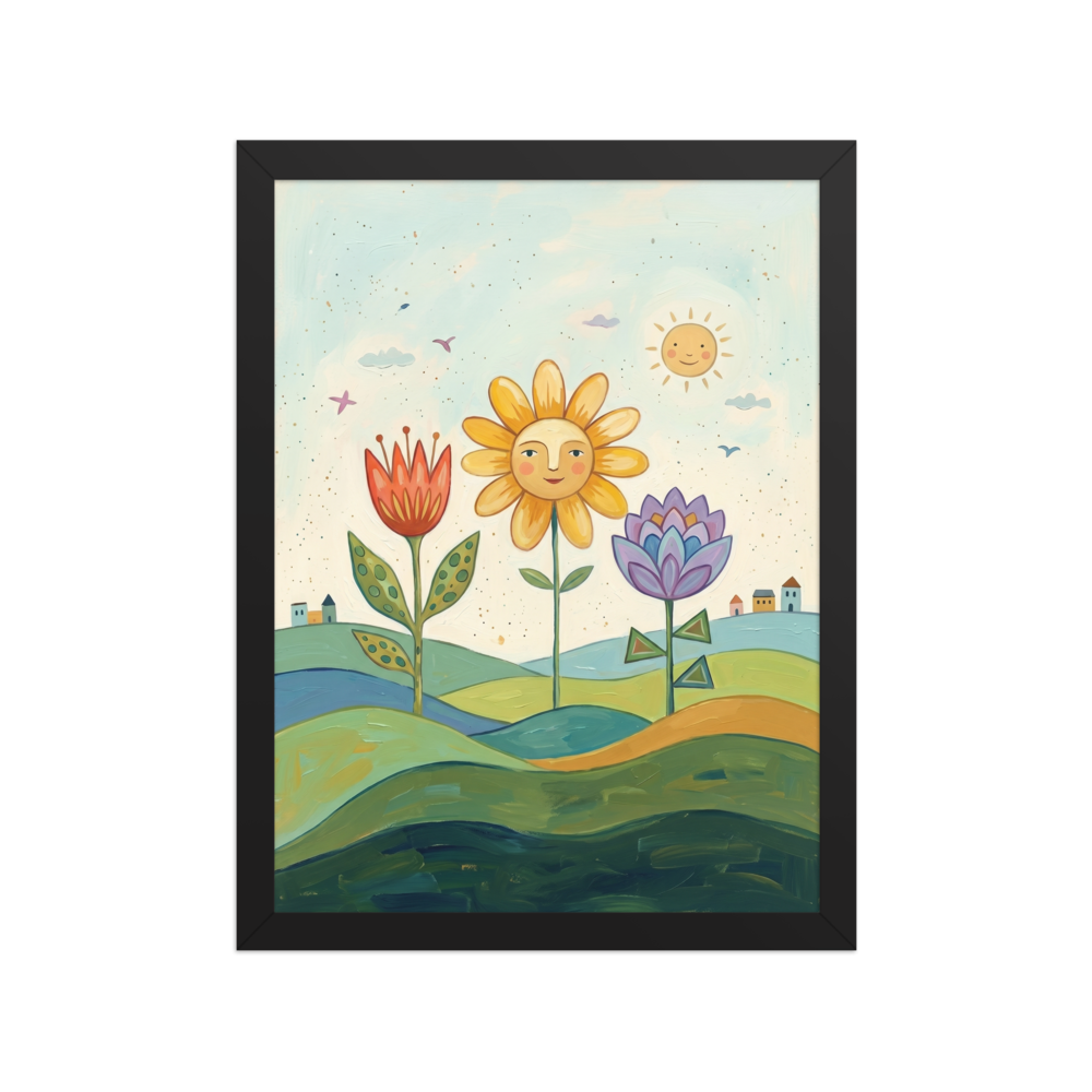 'Smiling Flowers In The Sun' — a Naive art print. A colorful naive art painting of three smiling flowers on green hills under a smiling sun, with tiny houses in the distance.