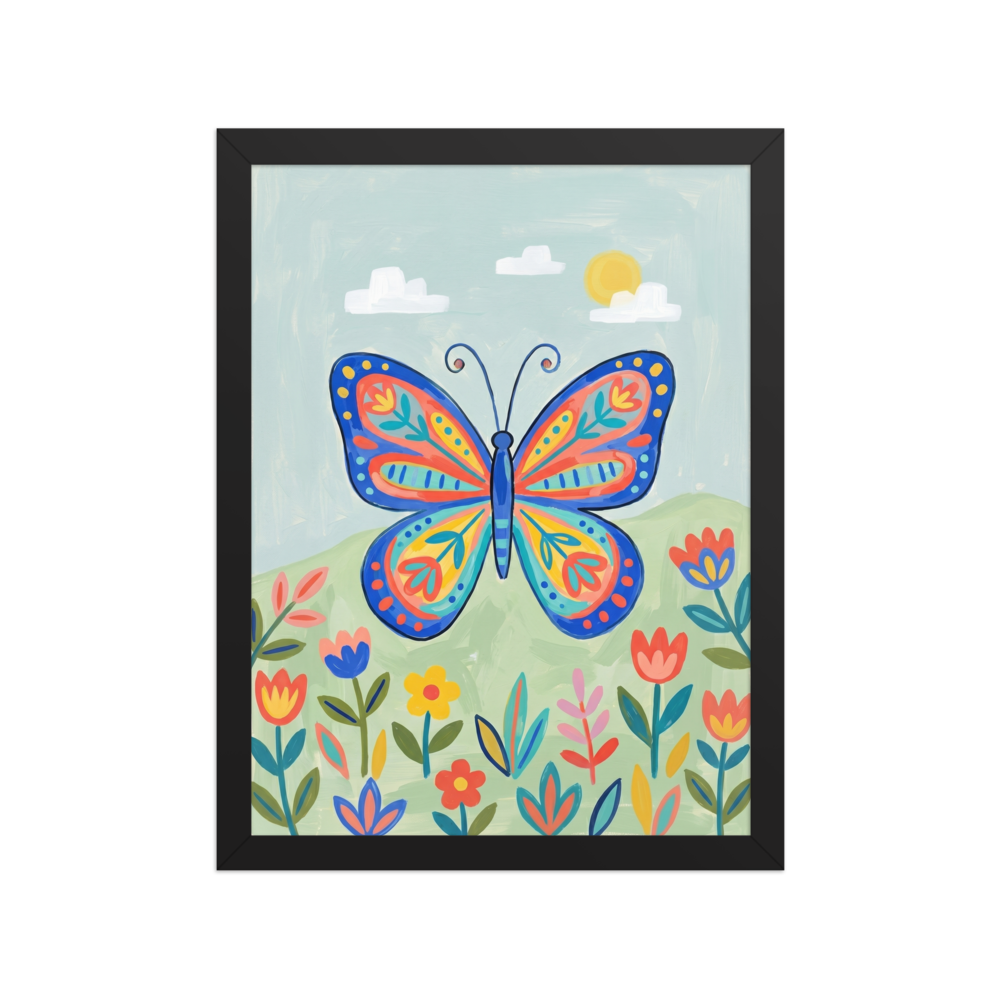 'The Joyful Butterfly' — a Naive art print. A vibrant naive art painting of a large, colorful butterfly with intricate patterns flying over a field of stylized flowers under a sunny sky.