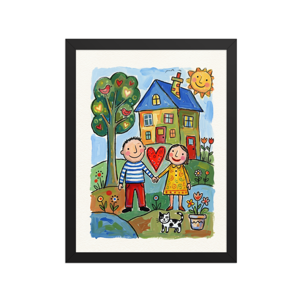 'Our Little Home' — a Naive art,Folk art print. A smiling couple holding hands in front of a colorful house, a tree with heart apples, and a black and white cat, perfect for a family living room.