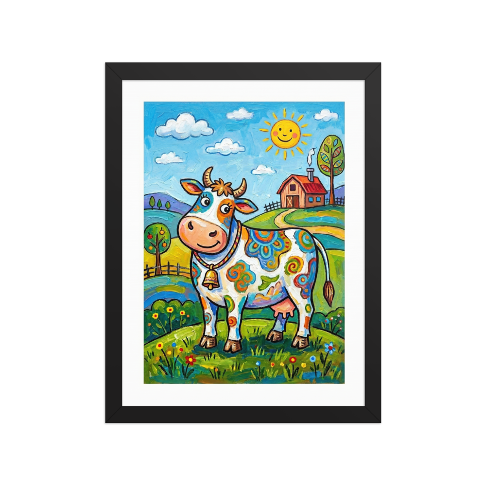'The Rainbow Cow' — a Naive art print. A colorful cow covered in swirls and patterns standing in a sunny green pasture near a little farmhouse, great for a whimsical kitchen.