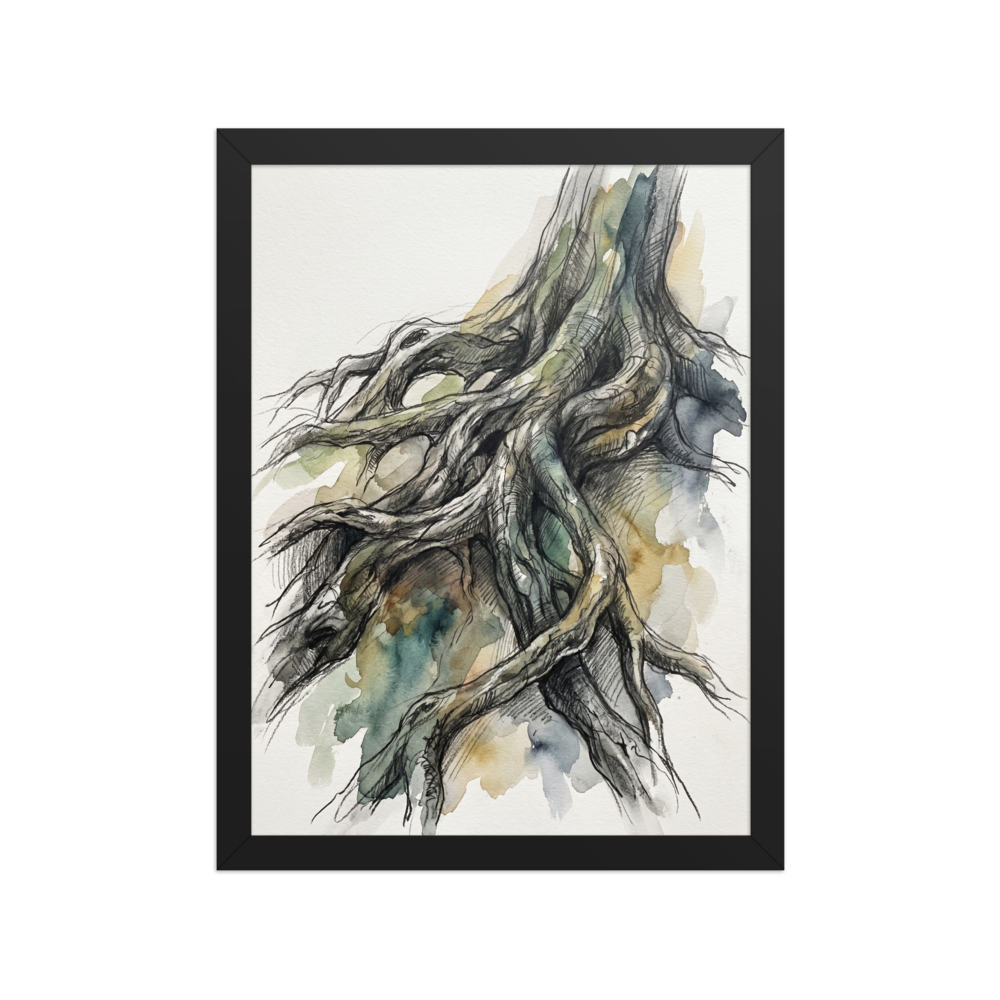 'Twisted Roots' — a Expressionism,Realism print. An expressive watercolor sketch of twisted tree roots, ideal for a Library.