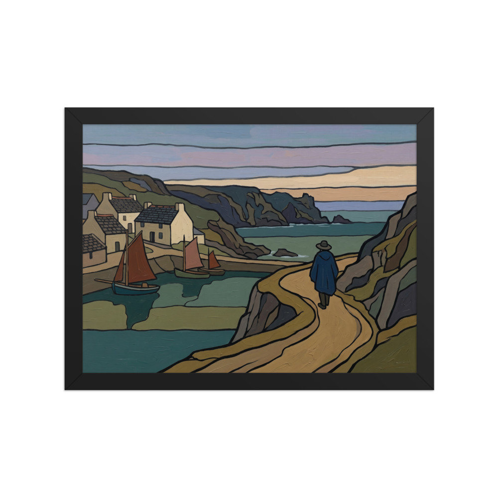 'The Winding Coastal Path' — a Cloisonnism print. A moody Cloisonnism painting of a traveler walking a winding path near a coastal village, ideal for a quiet library.