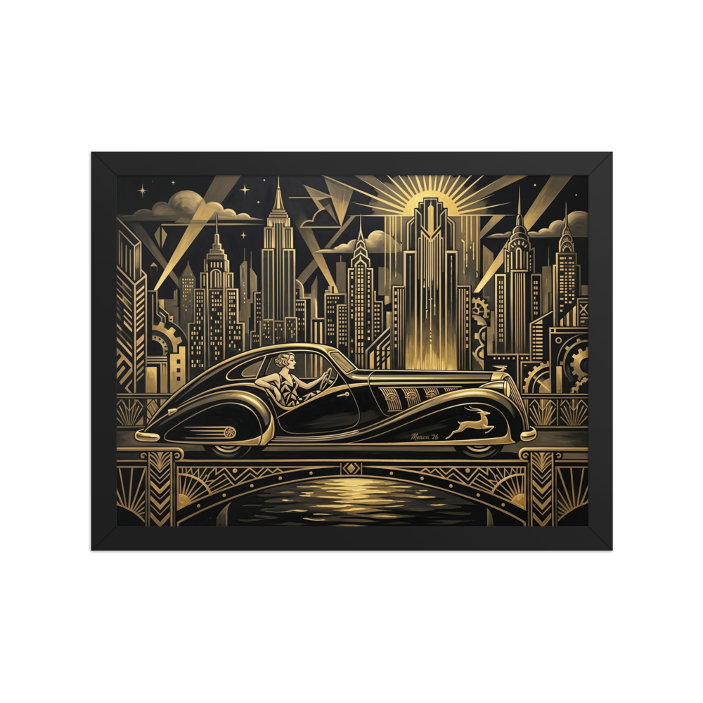 'The Golden Drive' — a Art Deco print. A sleek black and gold vintage car driving over a geometric bridge at night in an Art Deco city, perfect for an Office.
