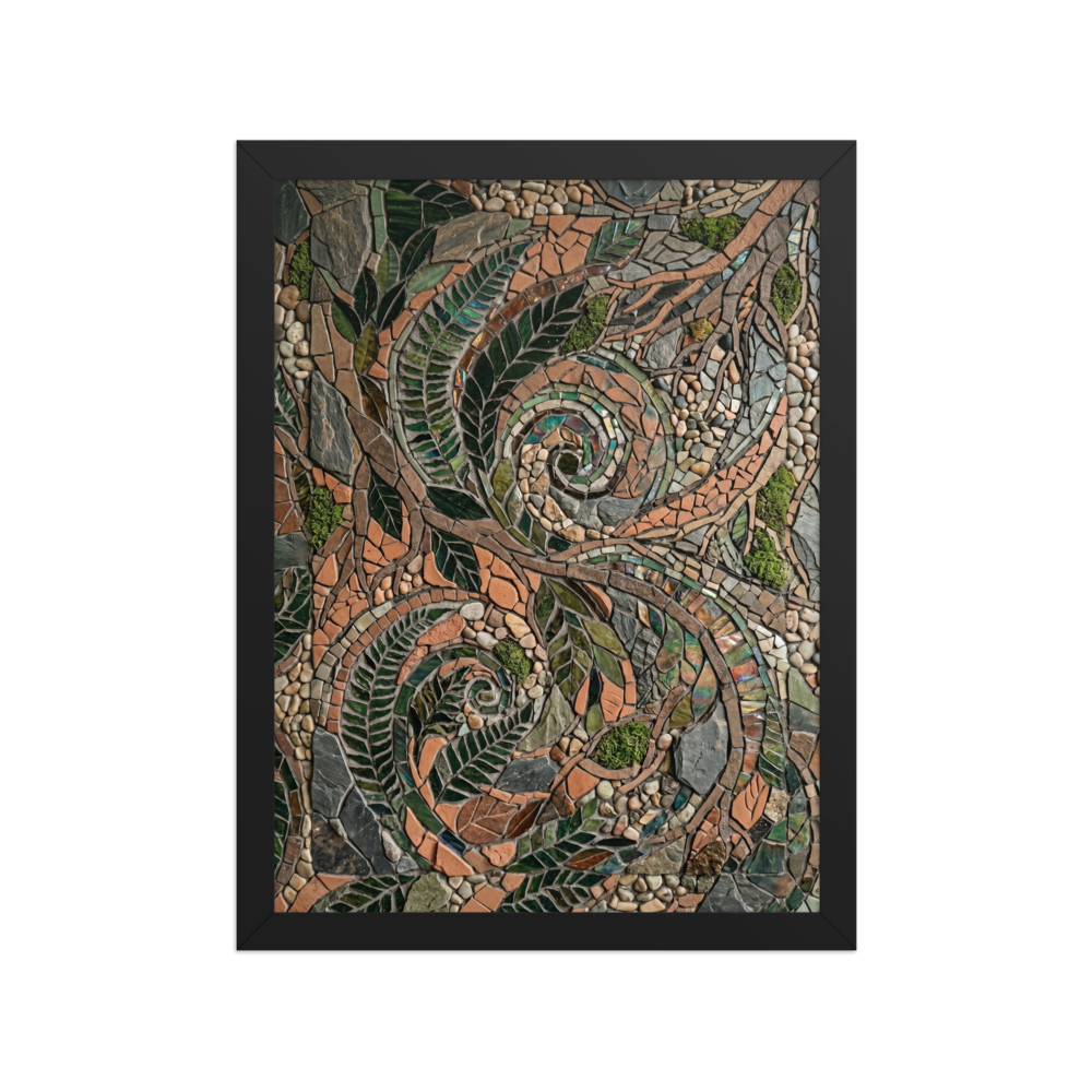 'Fossilized Ferns' — a Environmental art,Folk Art print. A highly textured pebble and stone mosaic depicting swirling fern spirals, perfect for a Sunroom.