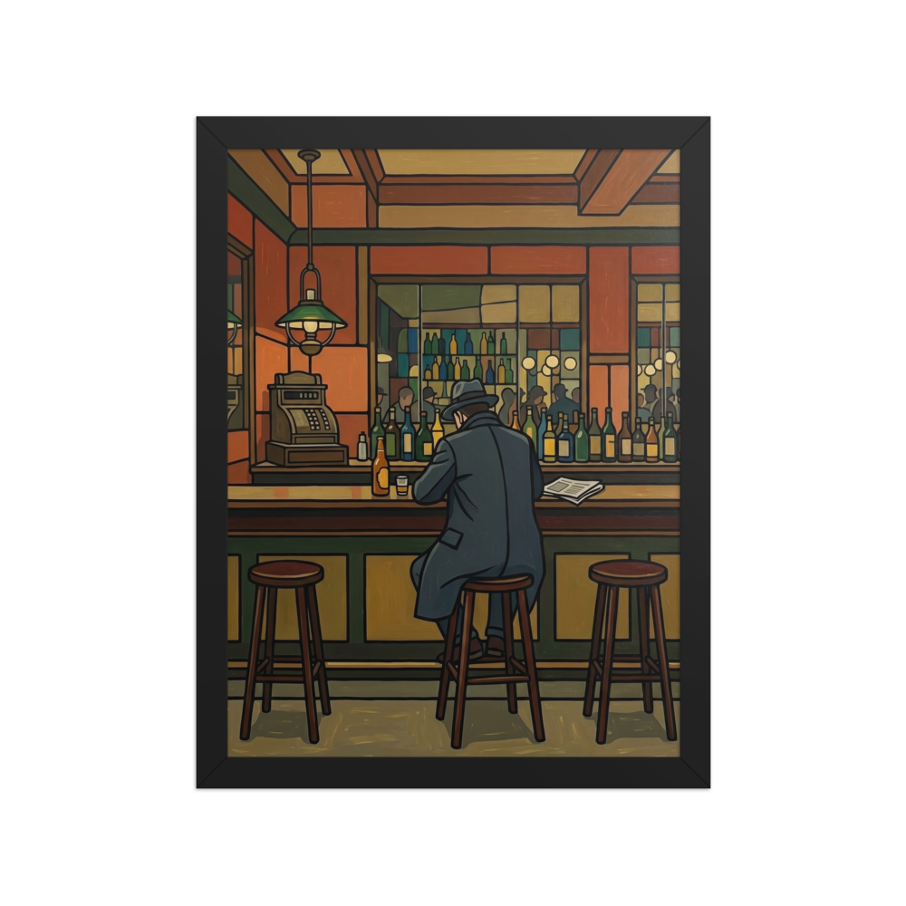 'Solitude at the Bar' — a Cloisonnism print. A moody Cloisonnism painting of a solitary man at a vintage bar reading a newspaper, ideal for a stylish home bar.