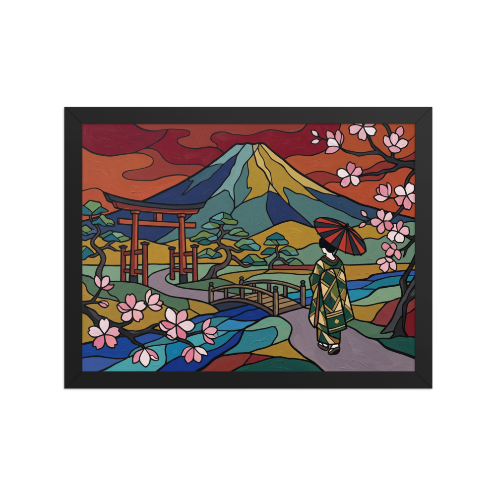 'Spring at Mount Fuji' — a Cloisonnism print. A colorful Cloisonnism painting of a woman walking toward Mount Fuji under cherry blossoms, perfect for adding energy to a living room.