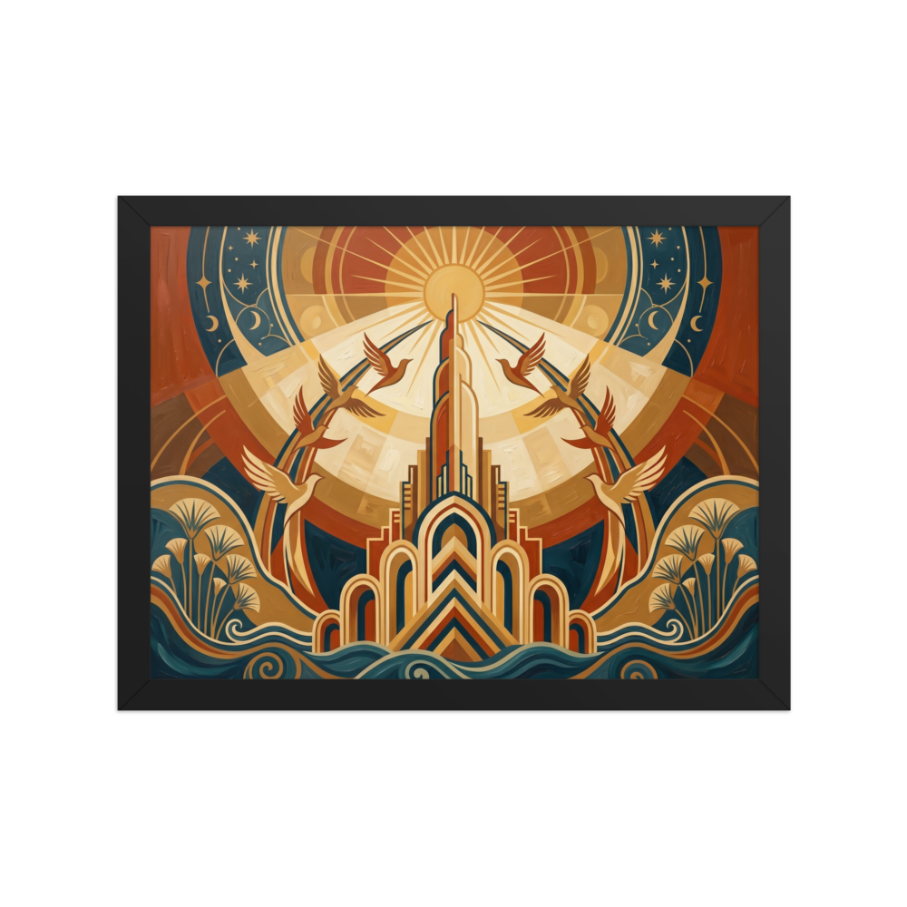 'Deco Sunrise Flight' — a Art Deco print. An Art Deco illustration featuring a central golden tower, stylized waves, and birds flying towards a radiant sunburst, ideal for a bright living room.