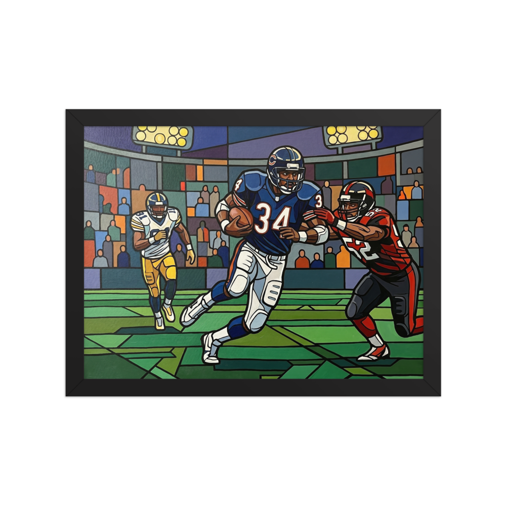 'The Breakaway Run' — a Cloisonnism print. A dynamic Cloisonnism painting of a football player breaking a tackle under stadium lights, ideal for an energetic game room.