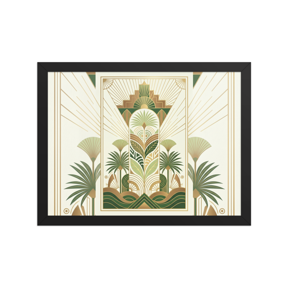 'Golden Palm Deco' — a Art Deco print. A symmetrical Art Deco botanical design with green and gold stylized palm leaves, perfect for an elegant entryway.