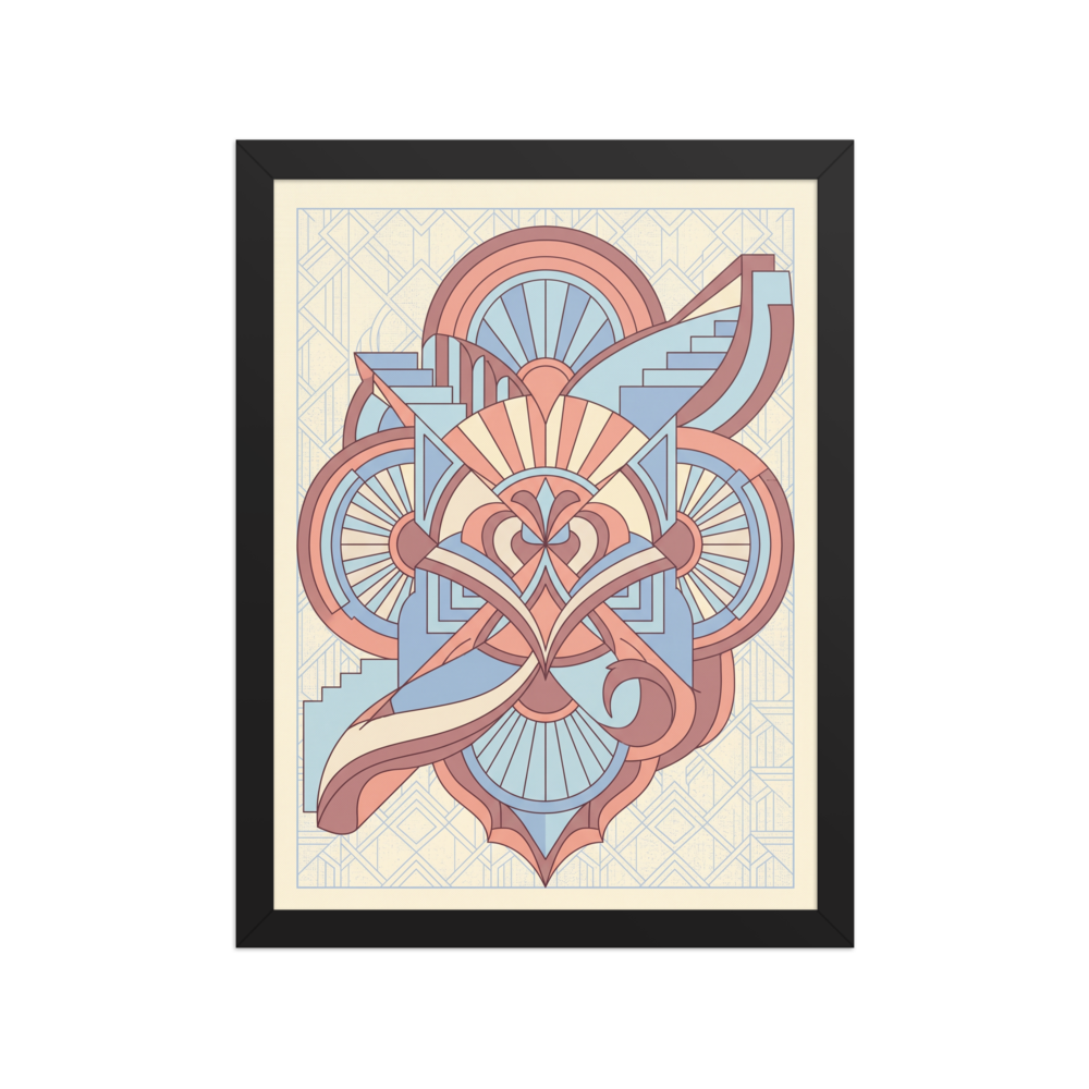 'Deco Architect's Emblem' — a Art Deco print. An intricate Art Deco emblem featuring overlapping geometric shapes, stairs, and fan motifs in peach and light blue, ideal for a refined office.