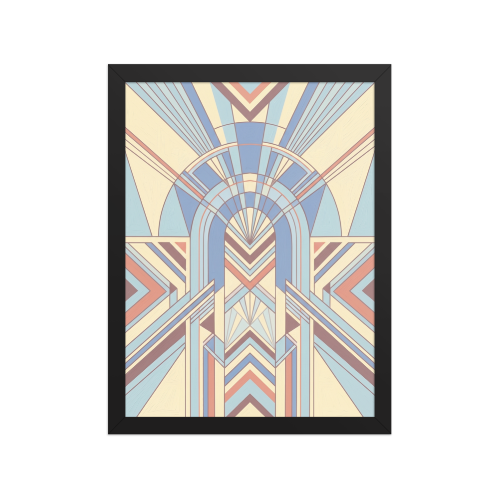 'Pastel Deco Portal' — a Art Deco print. An architectural Art Deco illustration featuring a symmetrical archway and geometric patterns in light blue, plum, and pale yellow, perfect for an elegant hallway.