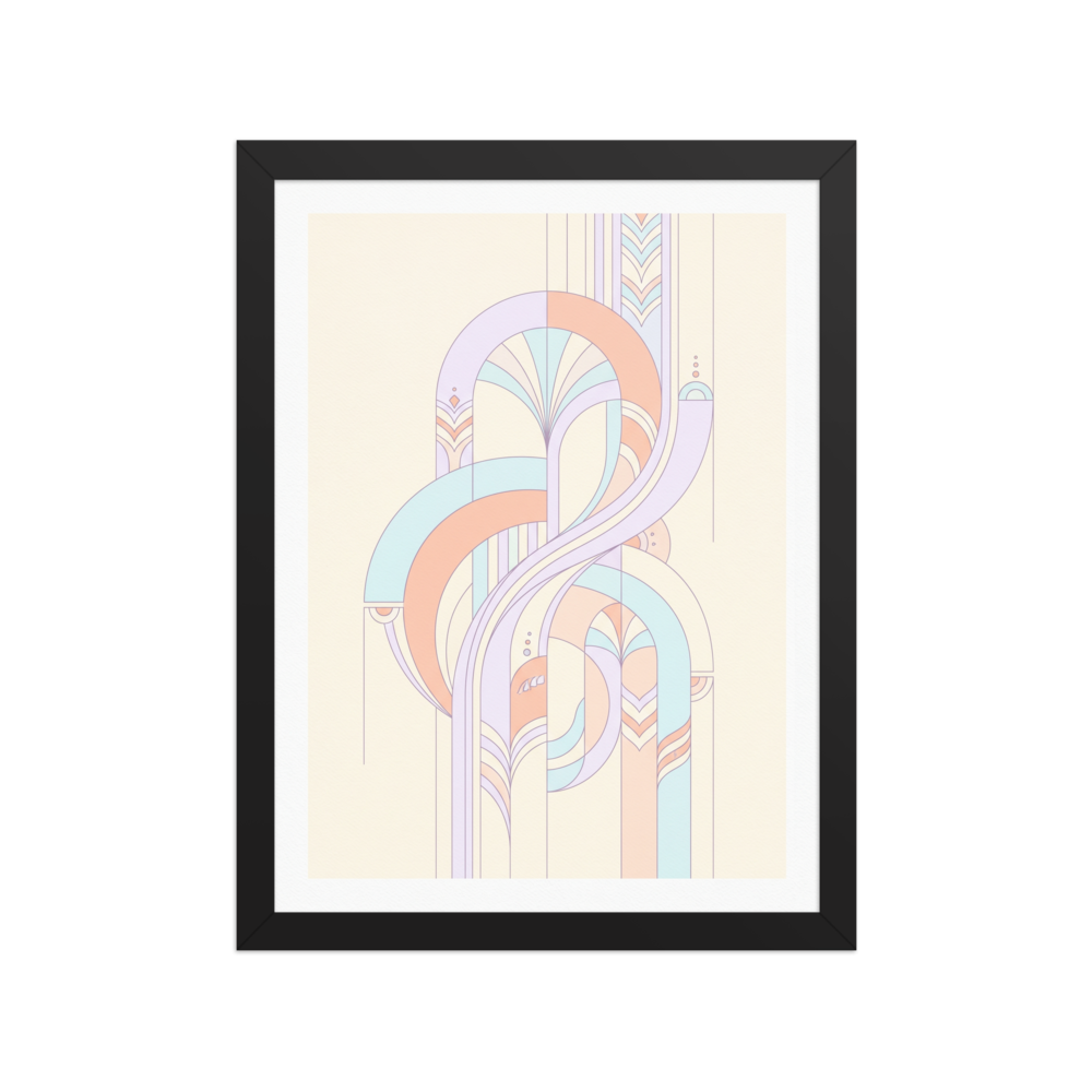 'Pastel Deco Flow' — a Art Deco print. An abstract Art Deco design featuring fluid geometric curves and fountain-like shapes in soft lavender, peach, and light blue pastels.