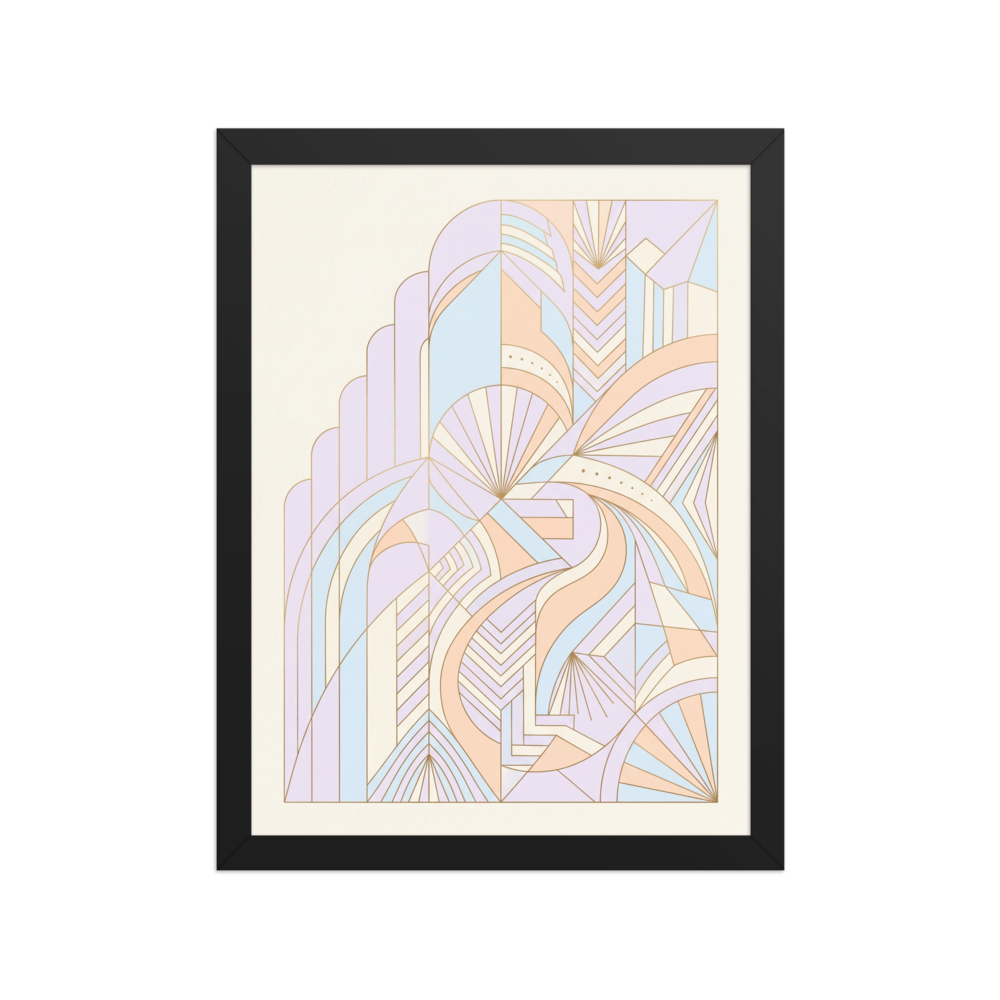 'Deco Pastel Architecture' — a Art Deco print. An intricate, asymmetrical Art Deco illustration with overlapping stepped arches and sunbursts in pastel lavender, peach, and light blue.