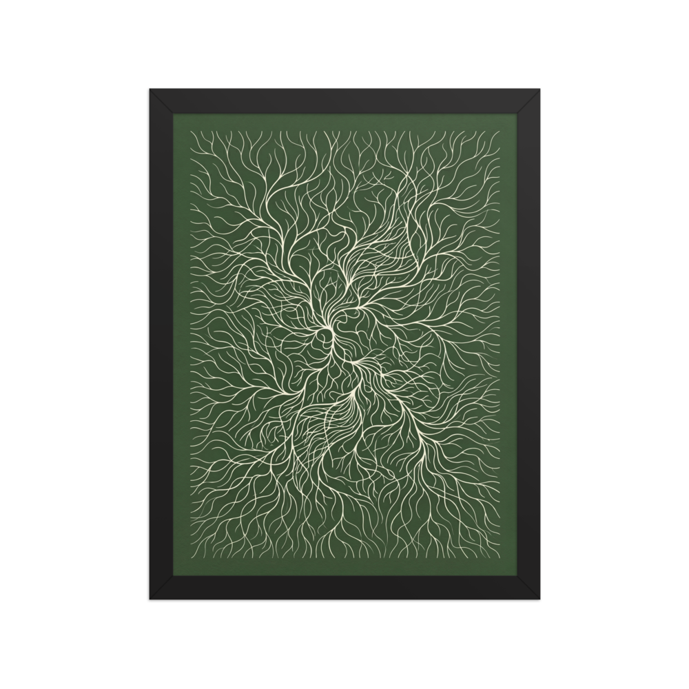 'Emerald Roots' — a Abstract art,Minimalism print. An abstract biophilic illustration of intricate white roots spreading across a dark green background, perfect for a bedroom.