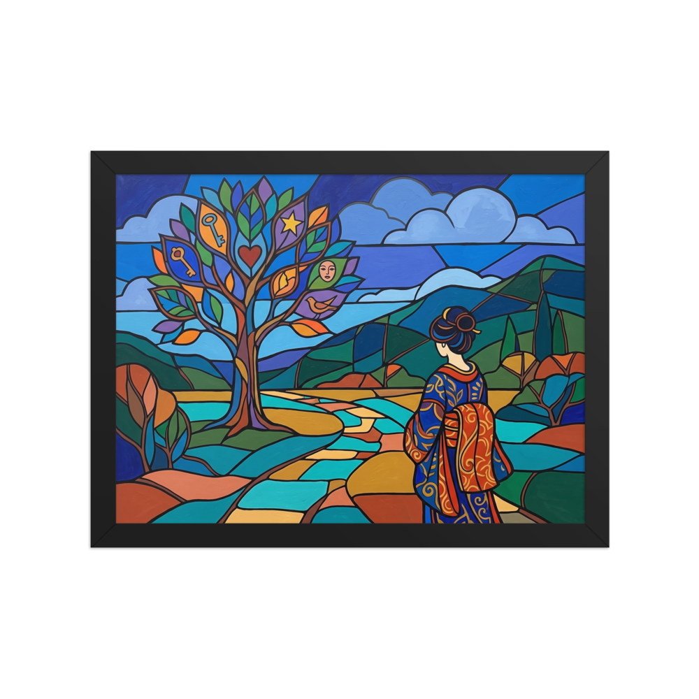 'Kimono in the Valley' — a Cloisonnism,Post-Impressionism print. A colorful Cloisonnism style painting of a woman in a kimono looking at a magical tree with symbols in a stained glass landscape, ideal for a bedroom.