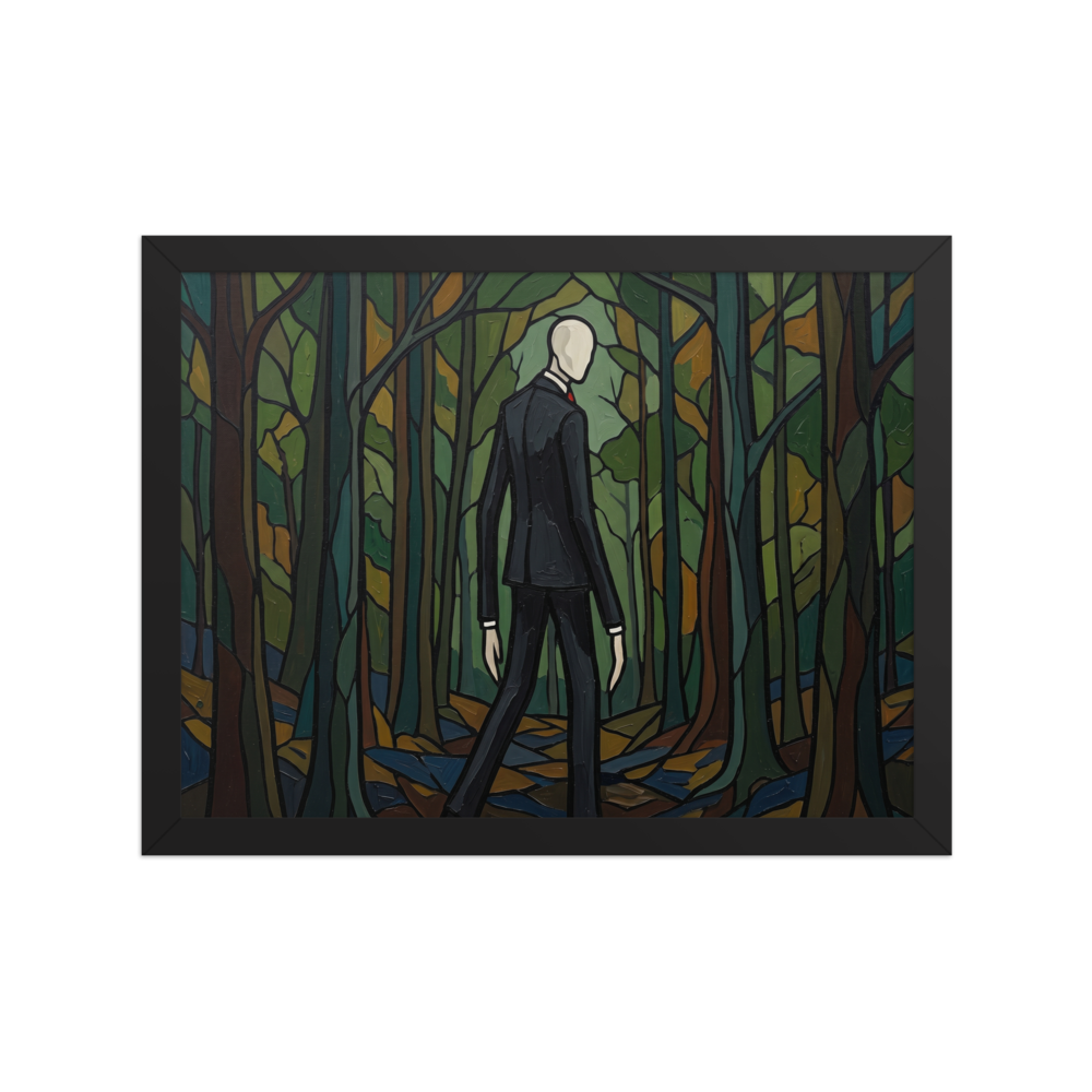 'The Faceless Figure' — a Cloisonnism,Pop art print. A Cloisonnism style painting of a tall faceless man in a suit standing in a dark forest, reminiscent of Slender Man.