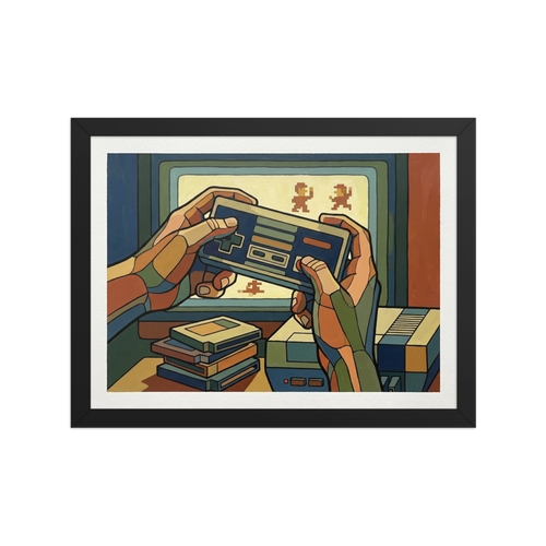 '8-Bit Nostalgia' — a Cloisonnism,Pop art print. A retro gaming scene painted in a Cloisonnism style, featuring hands holding an old controller in front of a CRT TV, ideal for a game room.