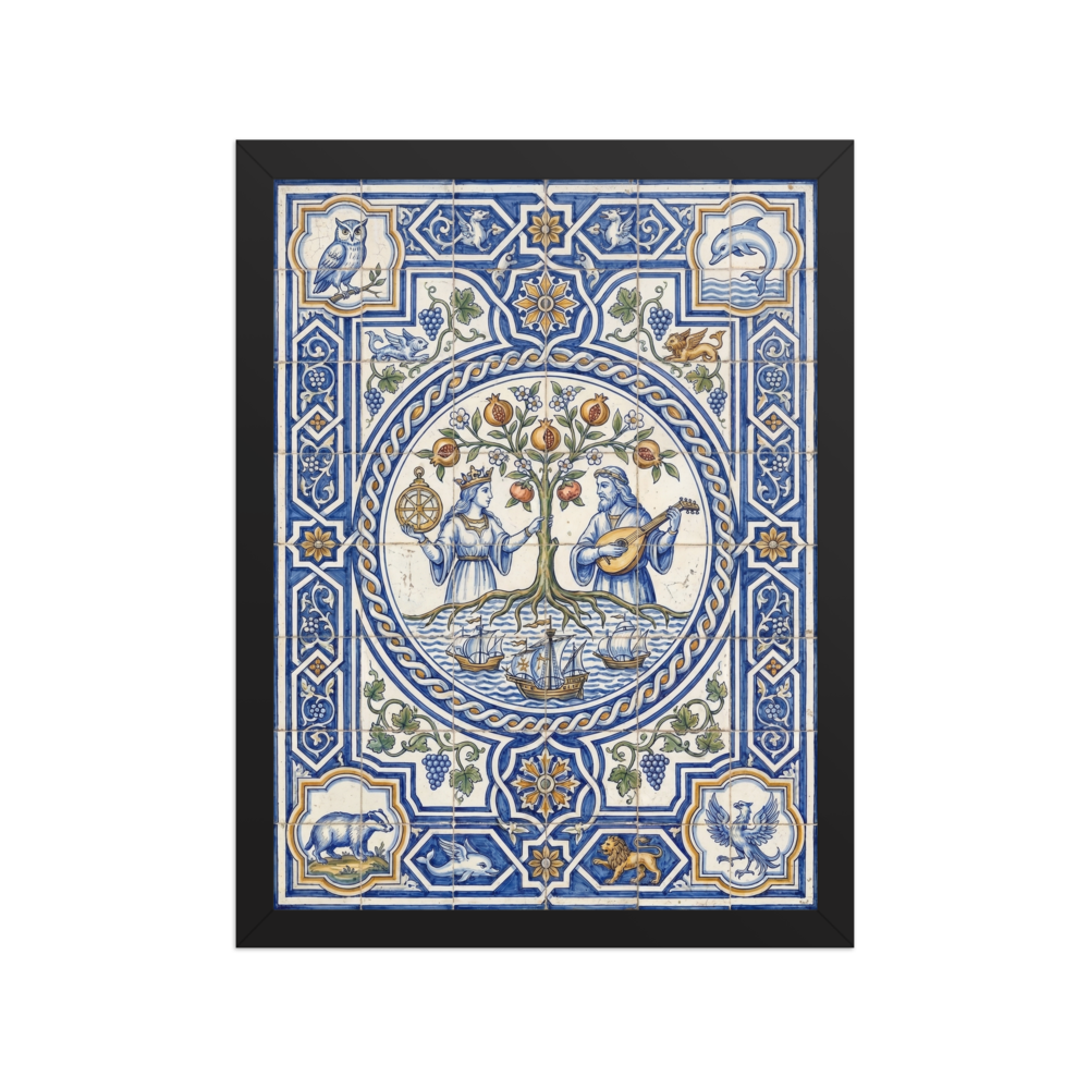 'The Mariner's Harmony' — a Renaissance print. An ornate blue and yellow traditional tile artwork featuring mythical figures and ships, ideal for a classic Library.