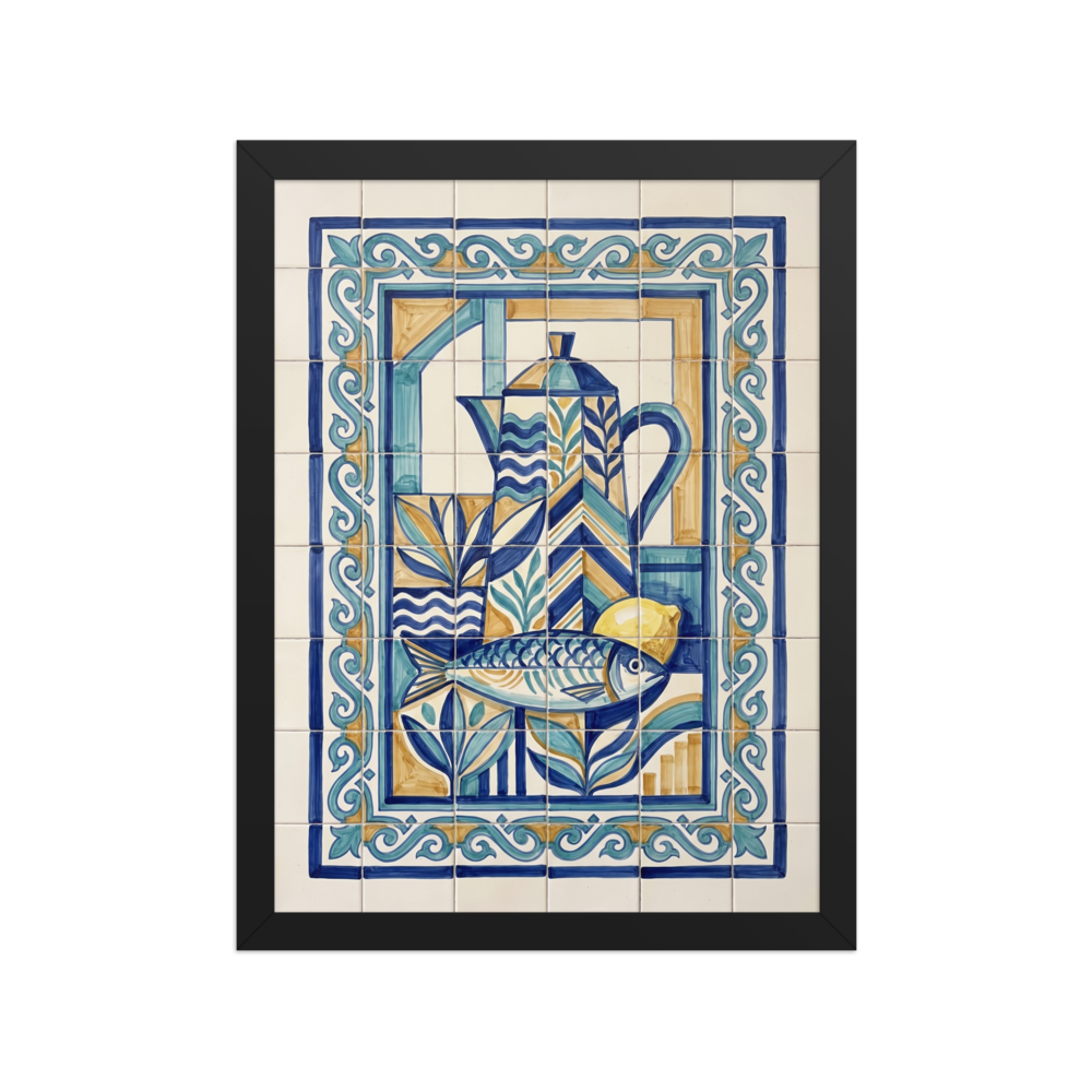 'The Fisherman's Still Life' — a Cubism print. A geometric blue and yellow azulejo tile artwork featuring a fish, pitcher, and lemon, ideal for a traditional Kitchen.