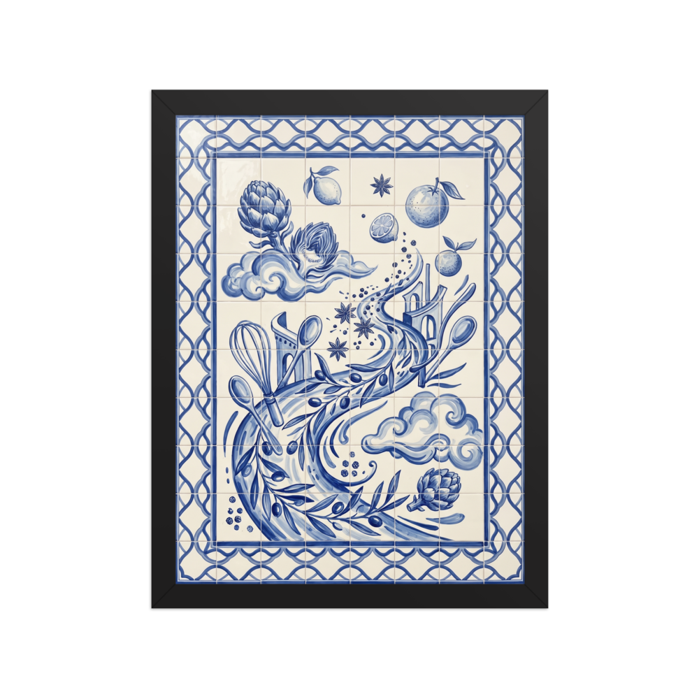 'A Culinary Dream' — a Surrealism print. A surreal blue and white azulejo tile artwork showing flying kitchen tools and ingredients, a charming addition to any Kitchen.