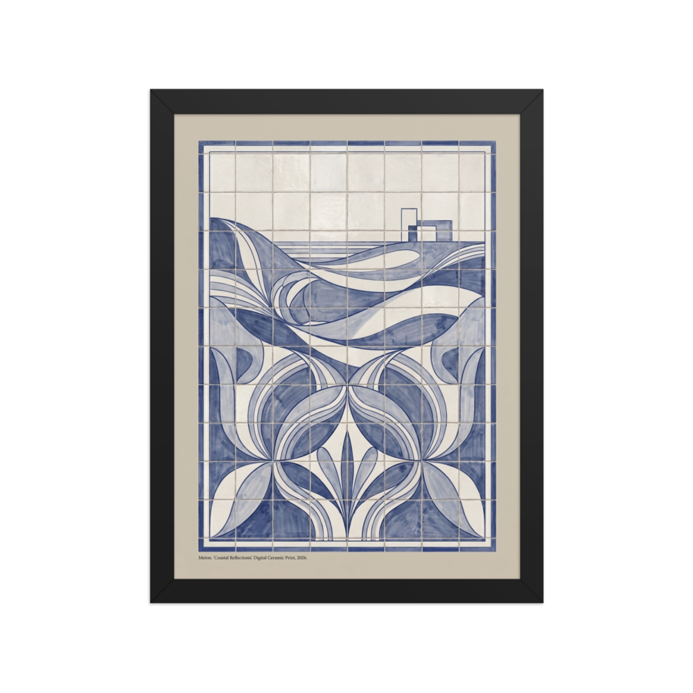 'Coastal Reflections' — a Art Deco print. A modern blue and white geometric tile artwork of a serene coastal landscape, perfect for an elegant Office.