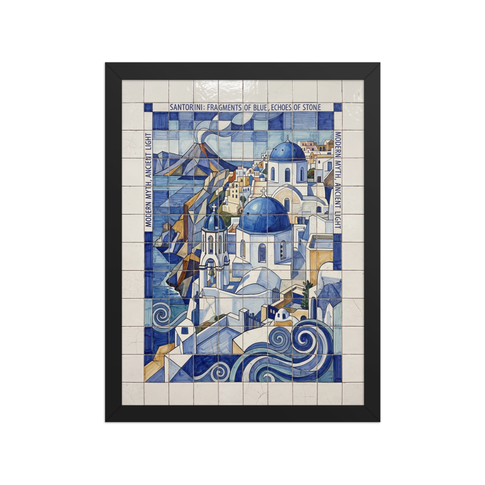 'Fragments of Santorini' — a Cubism print. A striking blue and white geometric azulejo tile artwork of Santorini's architecture and waves, perfect for a peaceful Bedroom.