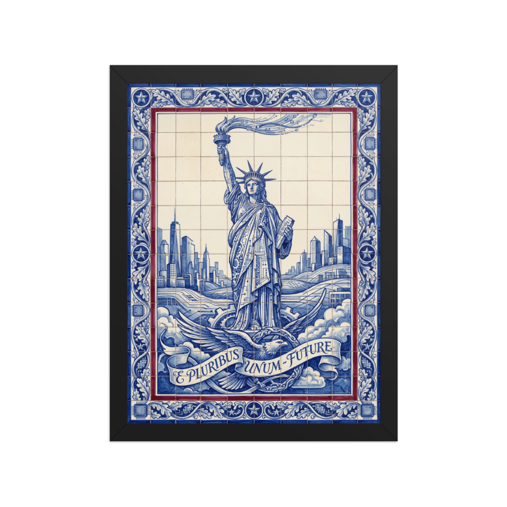 'Lady Liberty's Data Stream' — a Retrofuturism print. A futuristic blue and white azulejo tile artwork of the Statue of Liberty with circuit patterns, perfect for a modern Office.