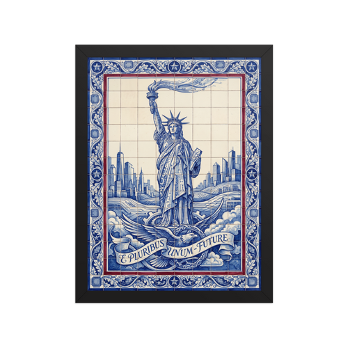 'Lady Liberty's Data Stream' — a Retrofuturism print. A futuristic blue and white azulejo tile artwork of the Statue of Liberty with circuit patterns, perfect for a modern Office.