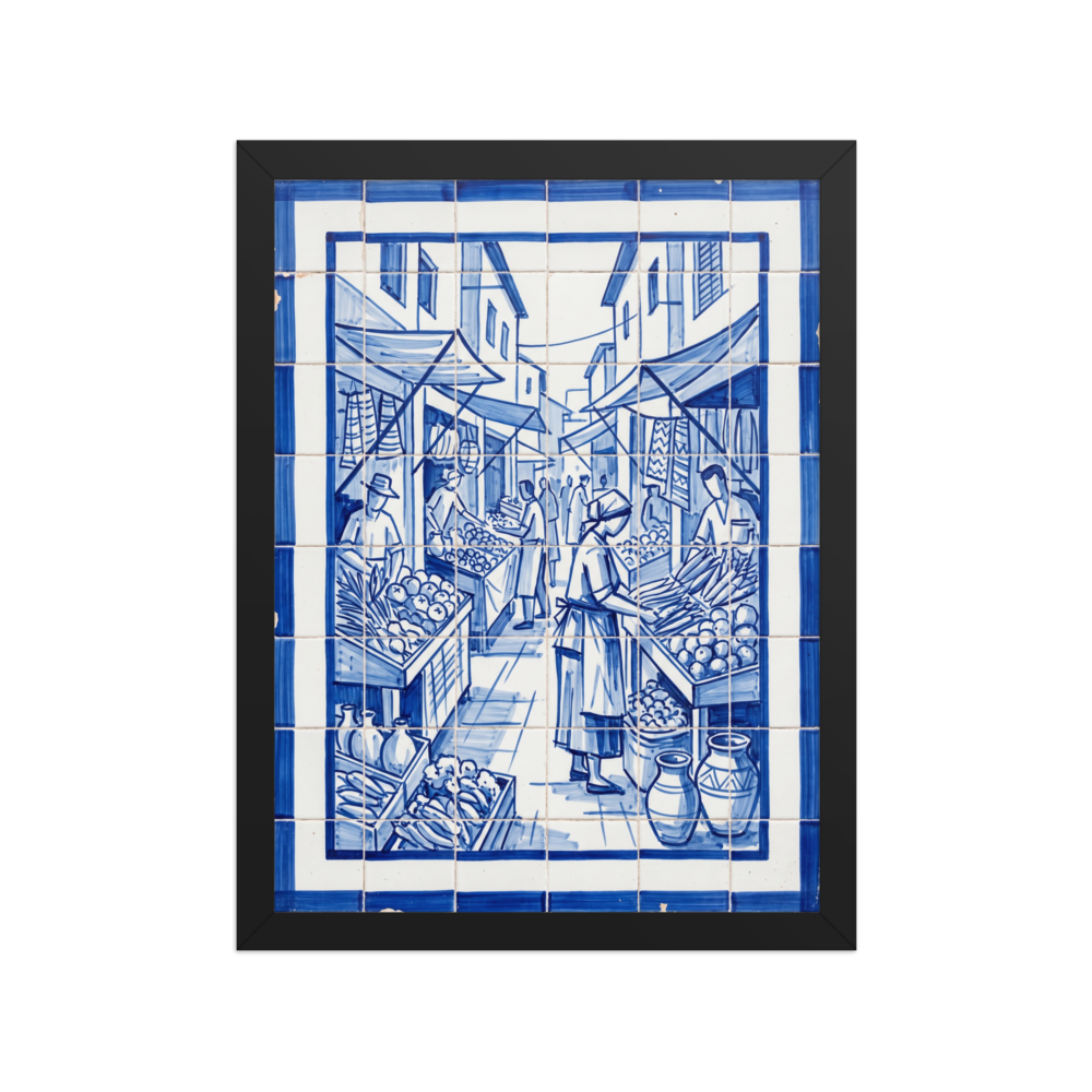 'The Market Square' — a Realism print. A traditional blue and white azulejo tile artwork showing a bustling street market, perfect for a lively Kitchen.