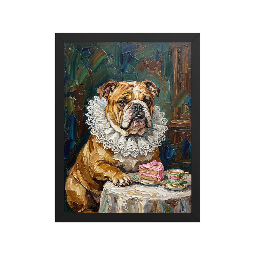 'A Noble Treat' — a Renaissance,Pop art print. Humorous impasto painting of a bulldog in a ruffled collar eating cake, perfect for a dining room.