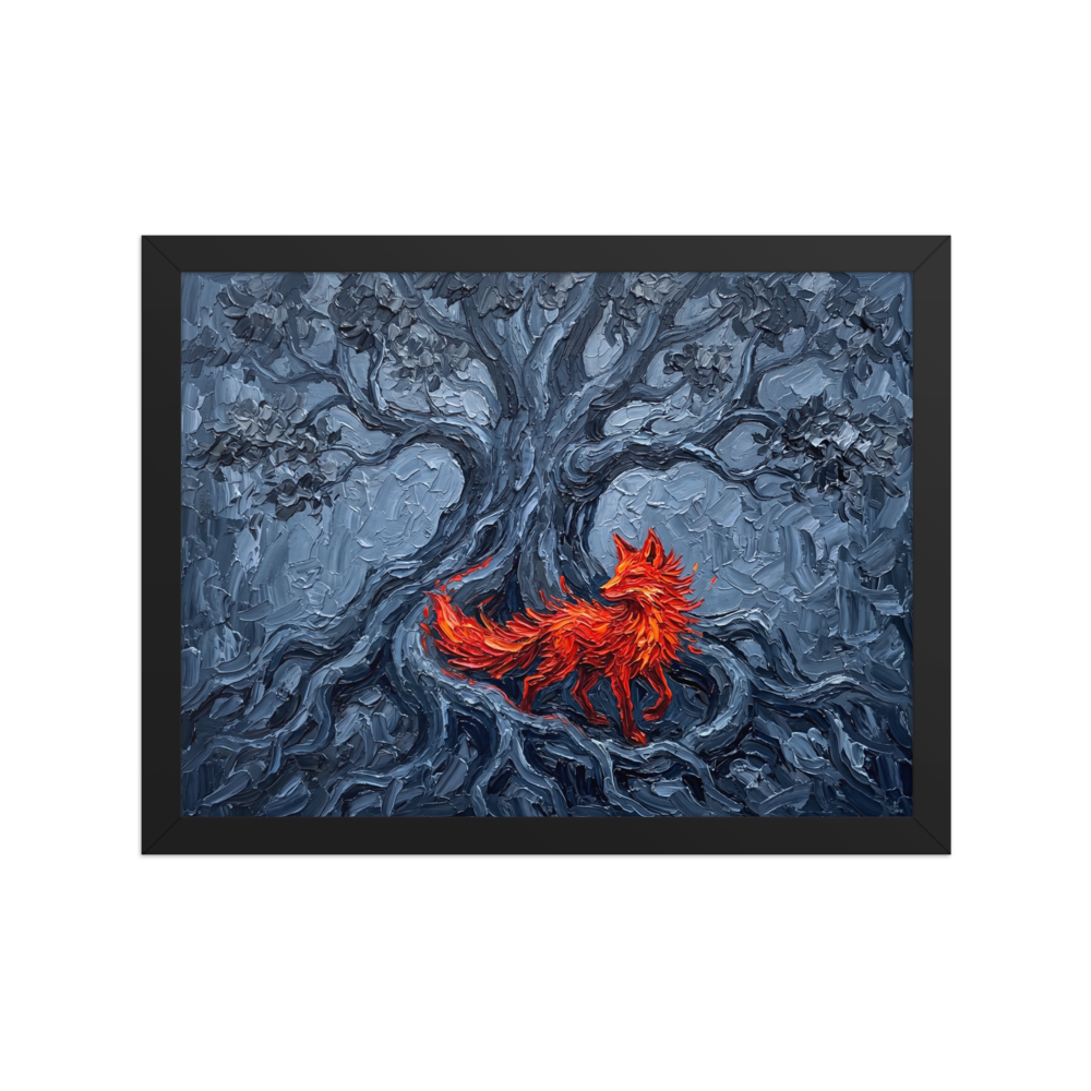 'The Fox in the Shadows' — a Expressionism print. An impasto painting of a bright red fox among dark twisting roots, bringing a touch of the wild to an Office.