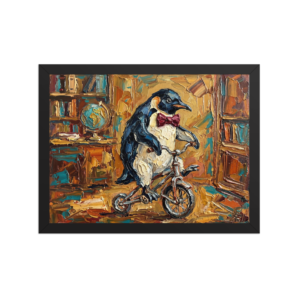 'The Educated Penguin' — a Impressionism print. An oil painting of a penguin wearing a red bow tie riding a bicycle in a library, perfect for a quirky office or living room.