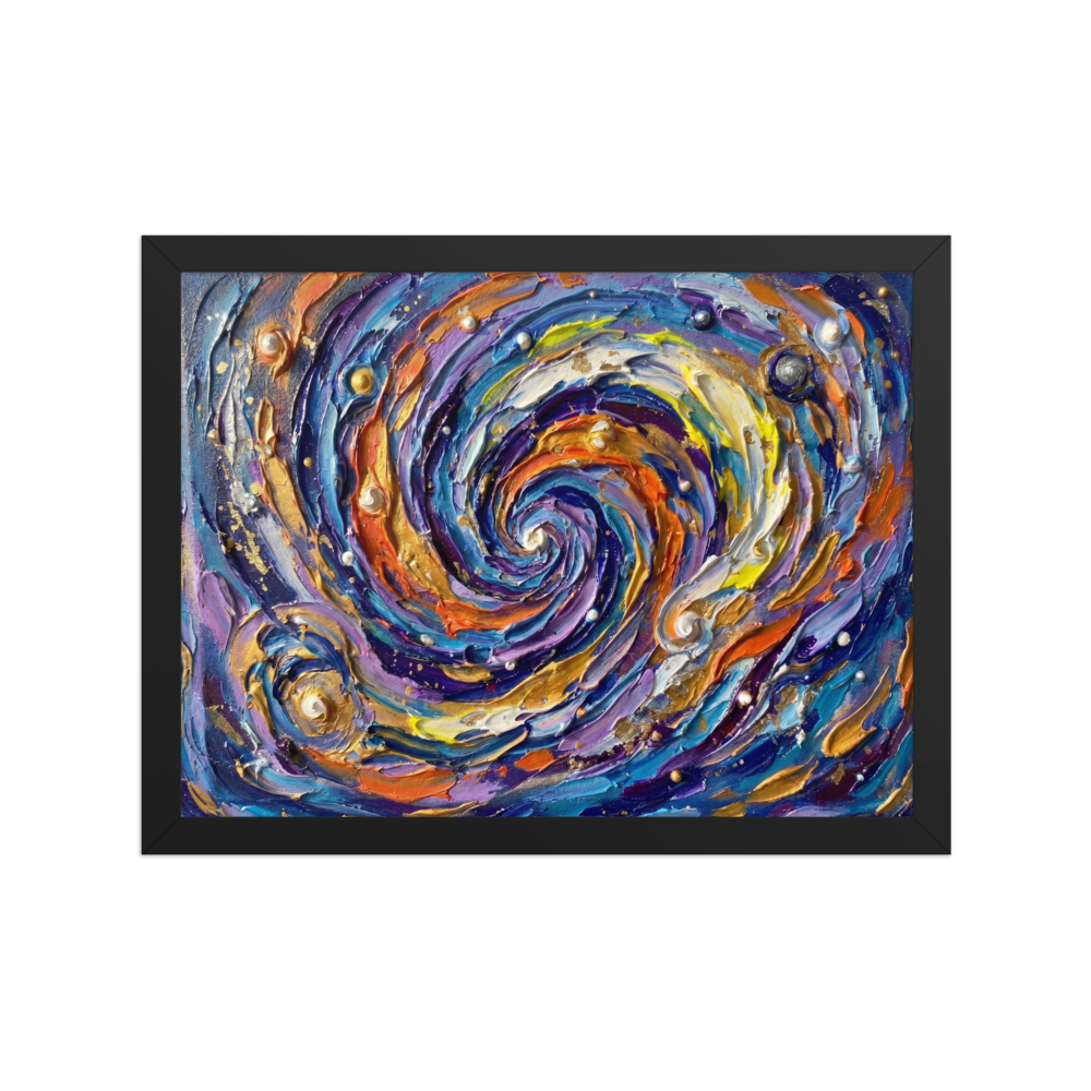 'Cosmic Swirl' — a Abstract expressionism print. A textured and swirling galaxy of blues, purples, and golds, creating an awe-inspiring focal point for a living room.